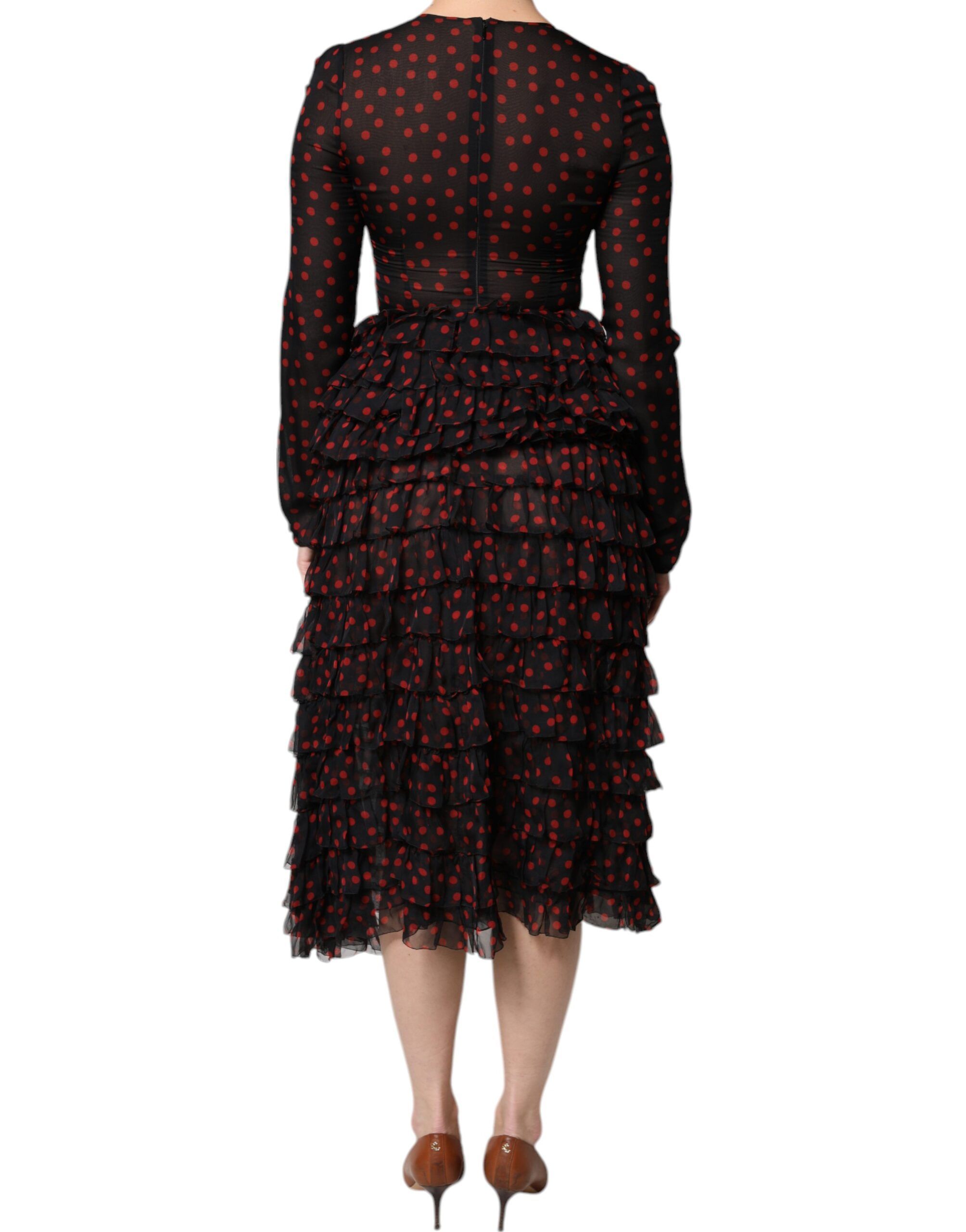 Black Red Polka Dot Silk Layered Midi Women's Dress - Dolce & Gabbana - Modalova