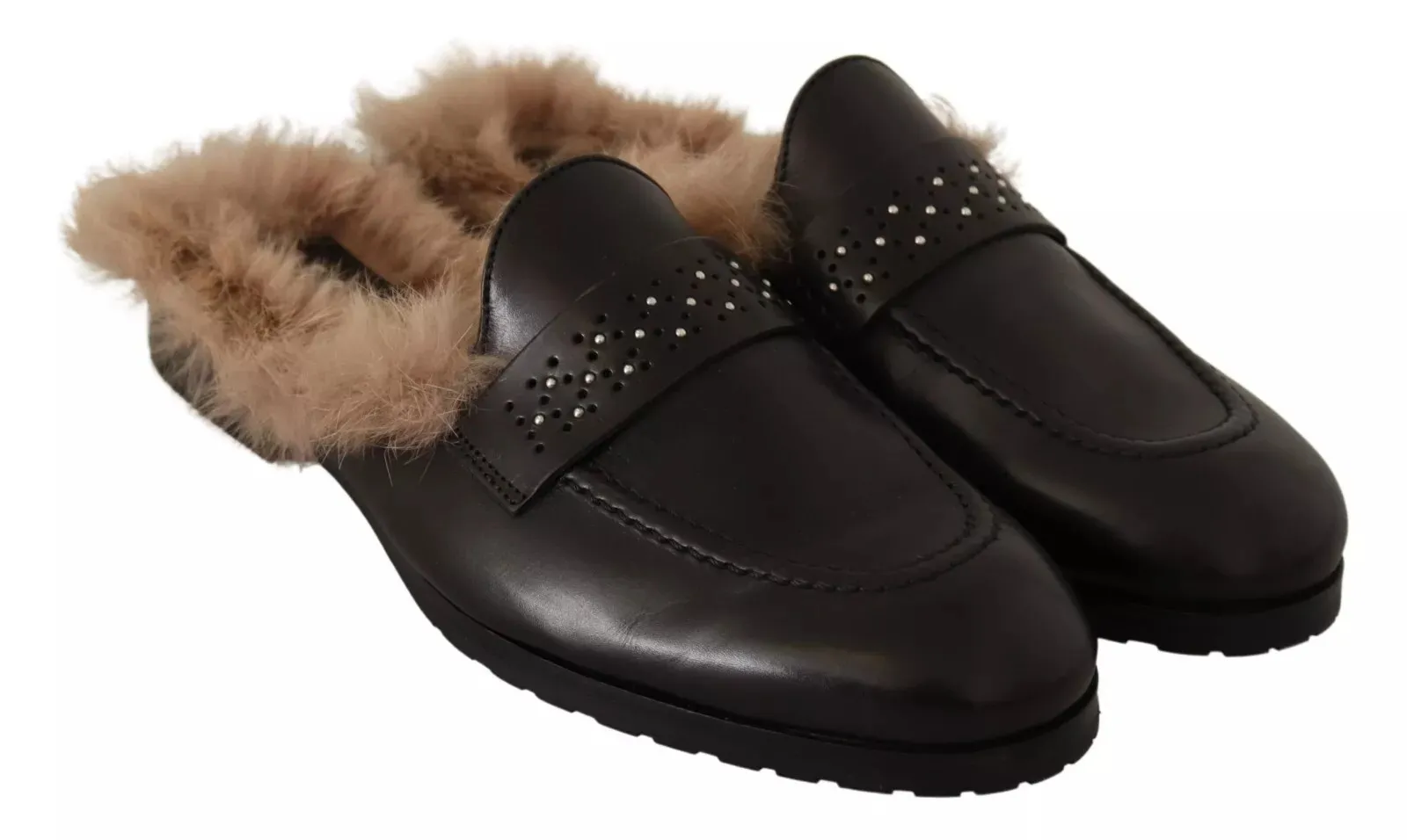 Leather Fur Perforated Slip On Flats Women's Shoes (Pre-Owned) - Peserico - Modalova