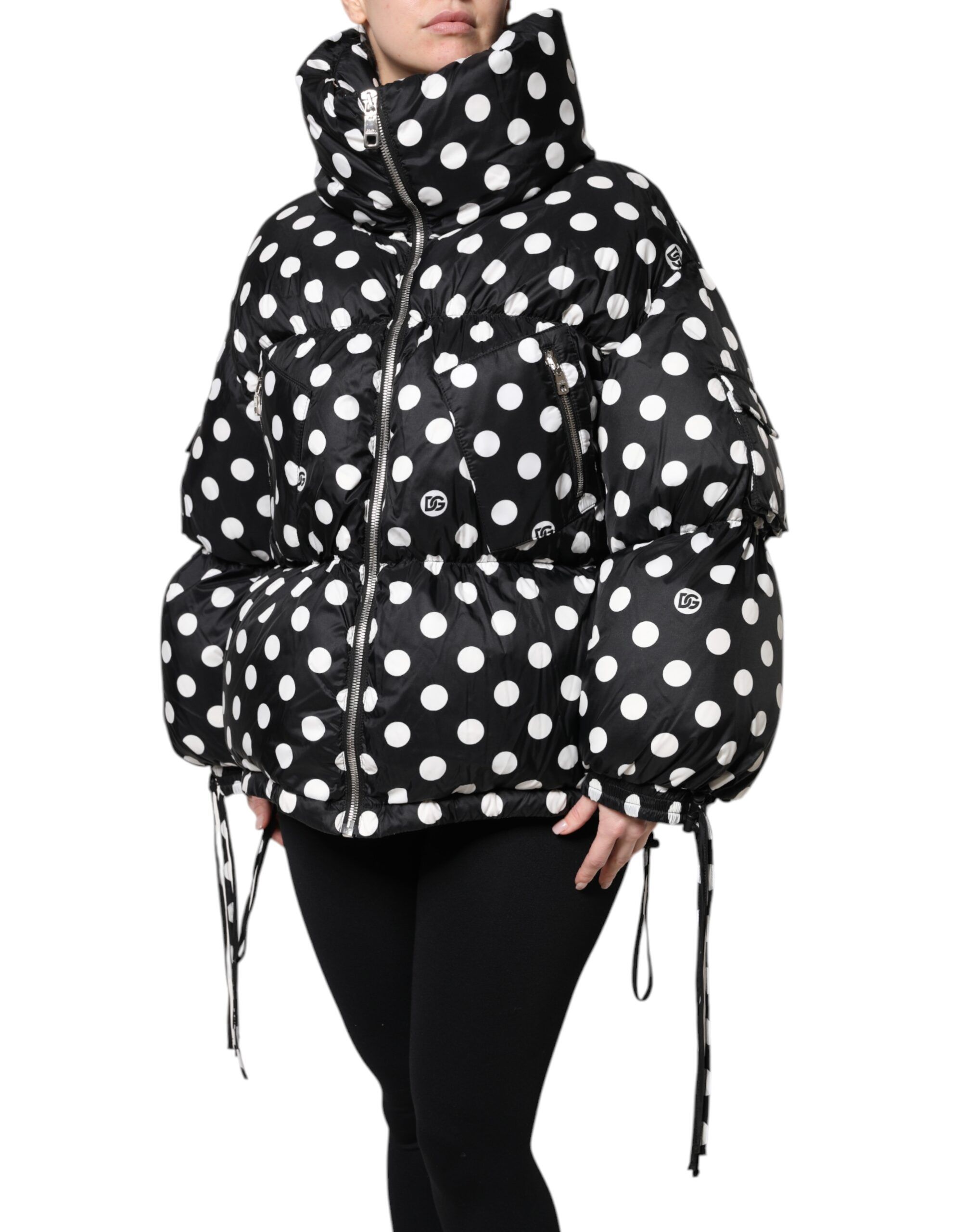 Black White Polka Dot Full Zip Puffer Women's Jacket - Dolce & Gabbana - Modalova