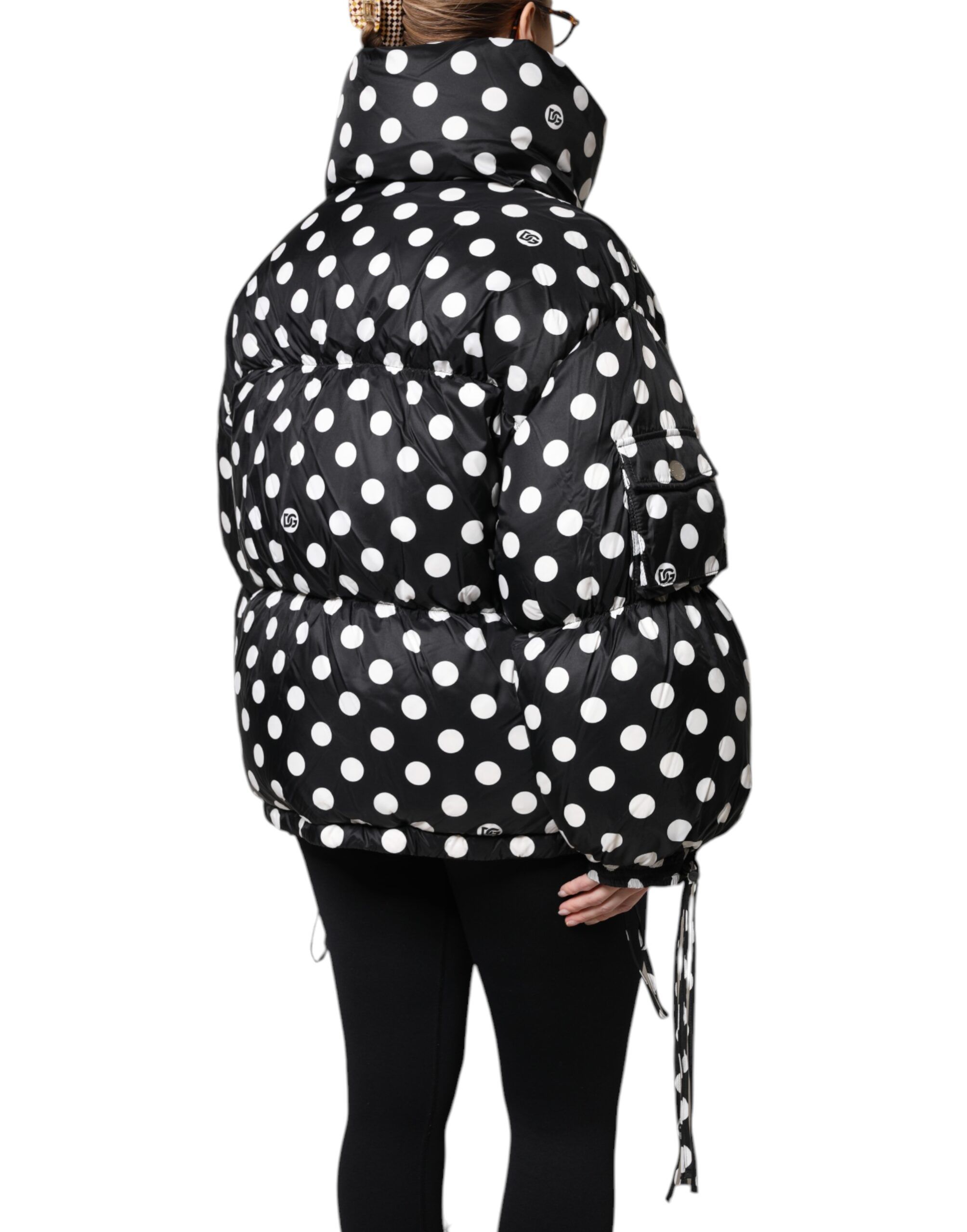 Black White Polka Dot Full Zip Puffer Women's Jacket - Dolce & Gabbana - Modalova