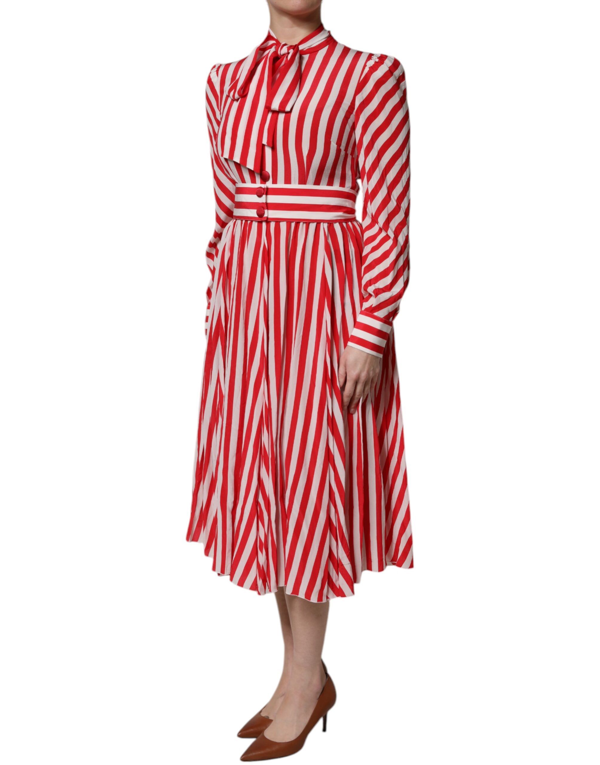 White Red Stripes Long Sleeves Midi Women's Dress - Dolce & Gabbana - Modalova