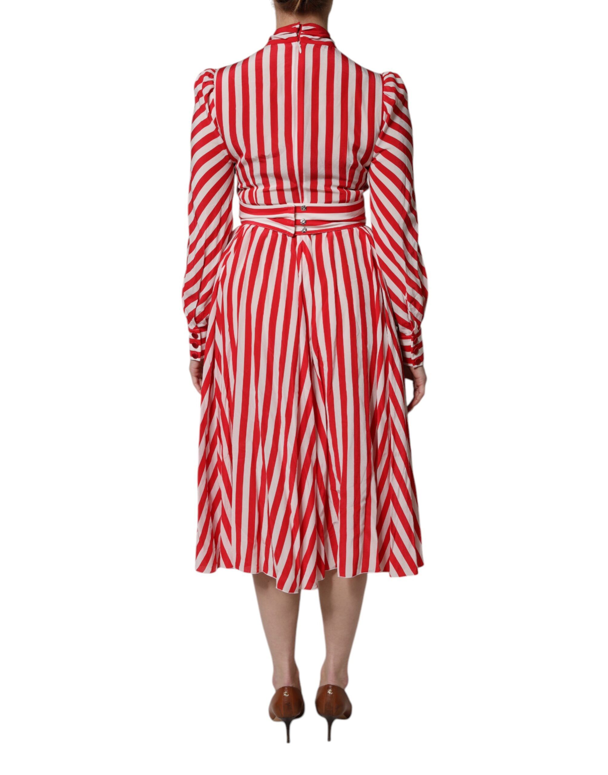 White Red Stripes Long Sleeves Midi Women's Dress - Dolce & Gabbana - Modalova