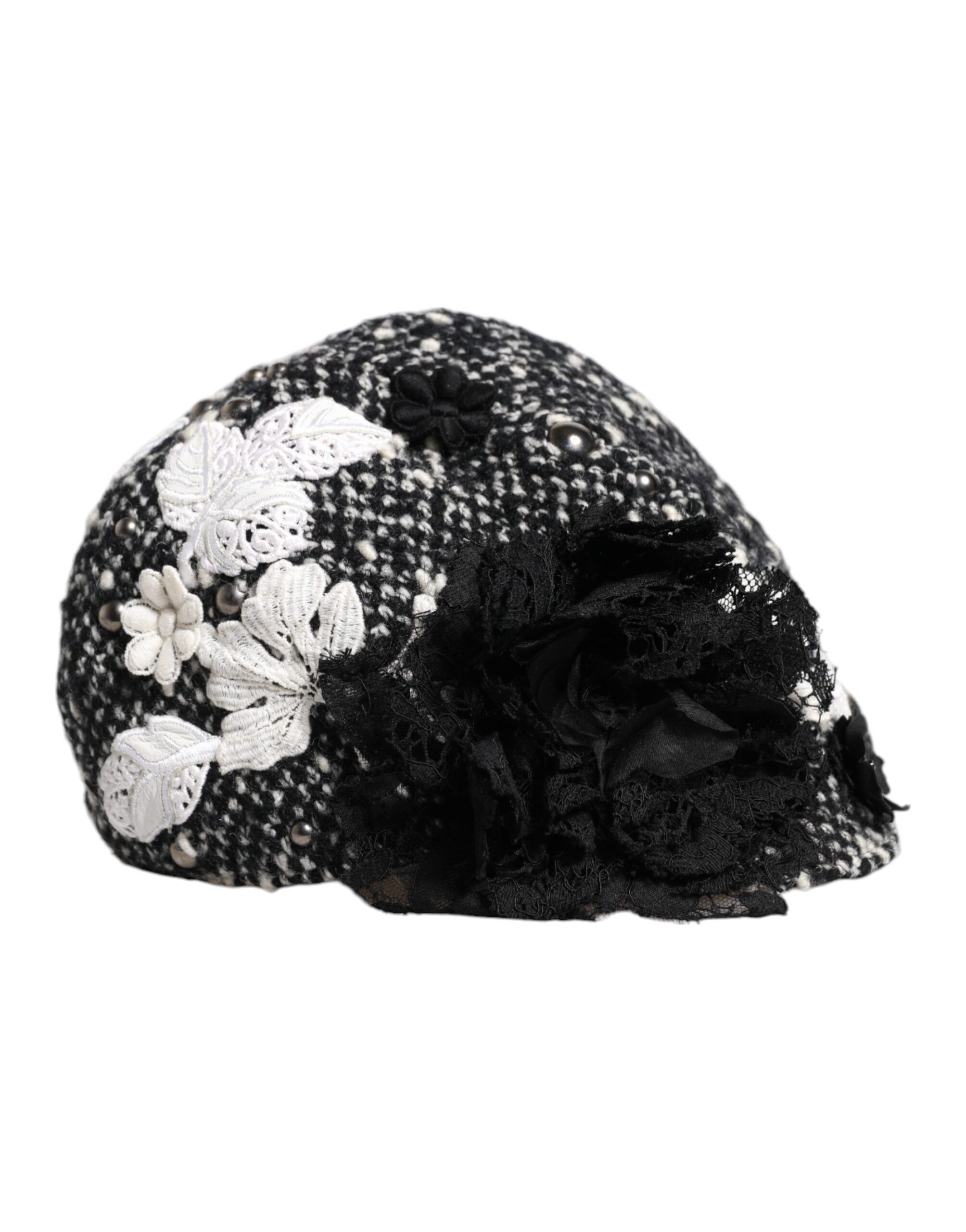 Black Wool White Floral Embellished Cloche Women's Hat - Dolce & Gabbana - Modalova