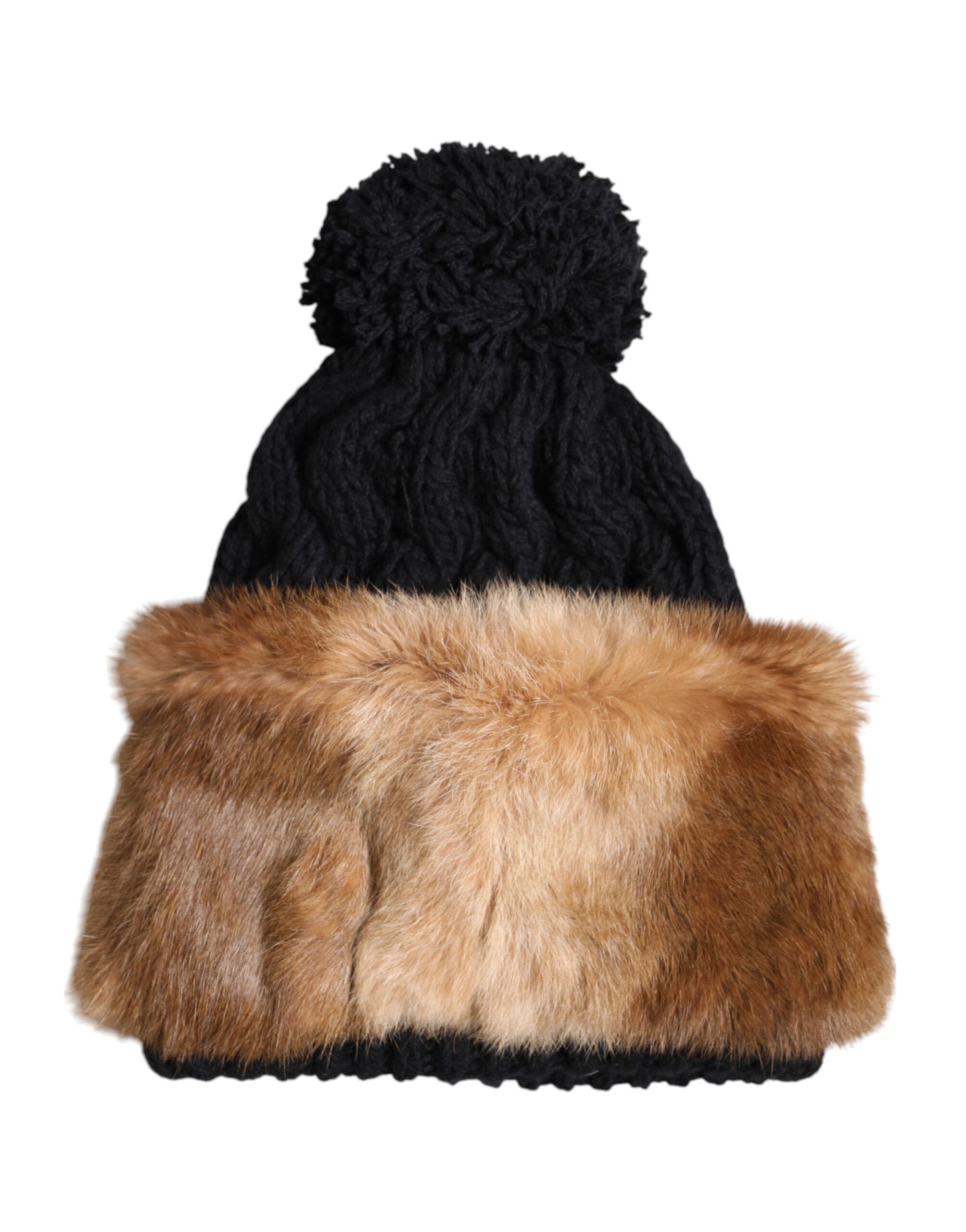 Black Brown Dyed Rabbit Real Fur Winter Beanie Women's Hat - Dolce & Gabbana - Modalova