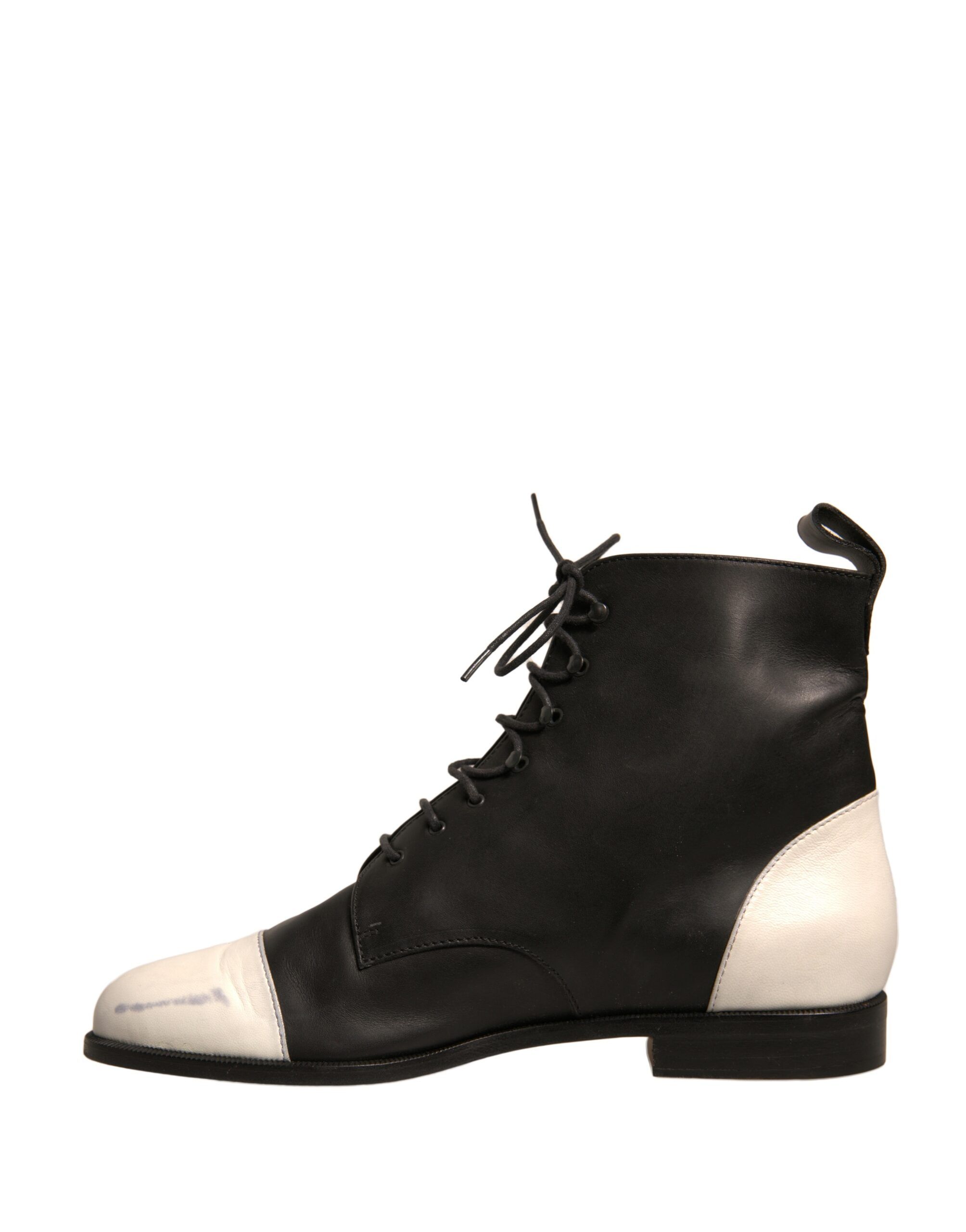 Black White Leather Lace Up Flats Ankle Boots Women's Shoes (Pre-Owned) - Sergio Rossi - Modalova