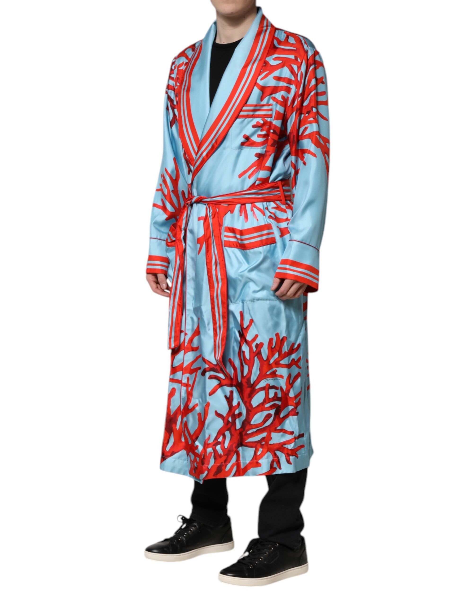 Blue Red Coral Print Wrap Robe Coat Men's Jacket - Dolce & Gabbana - Modalova