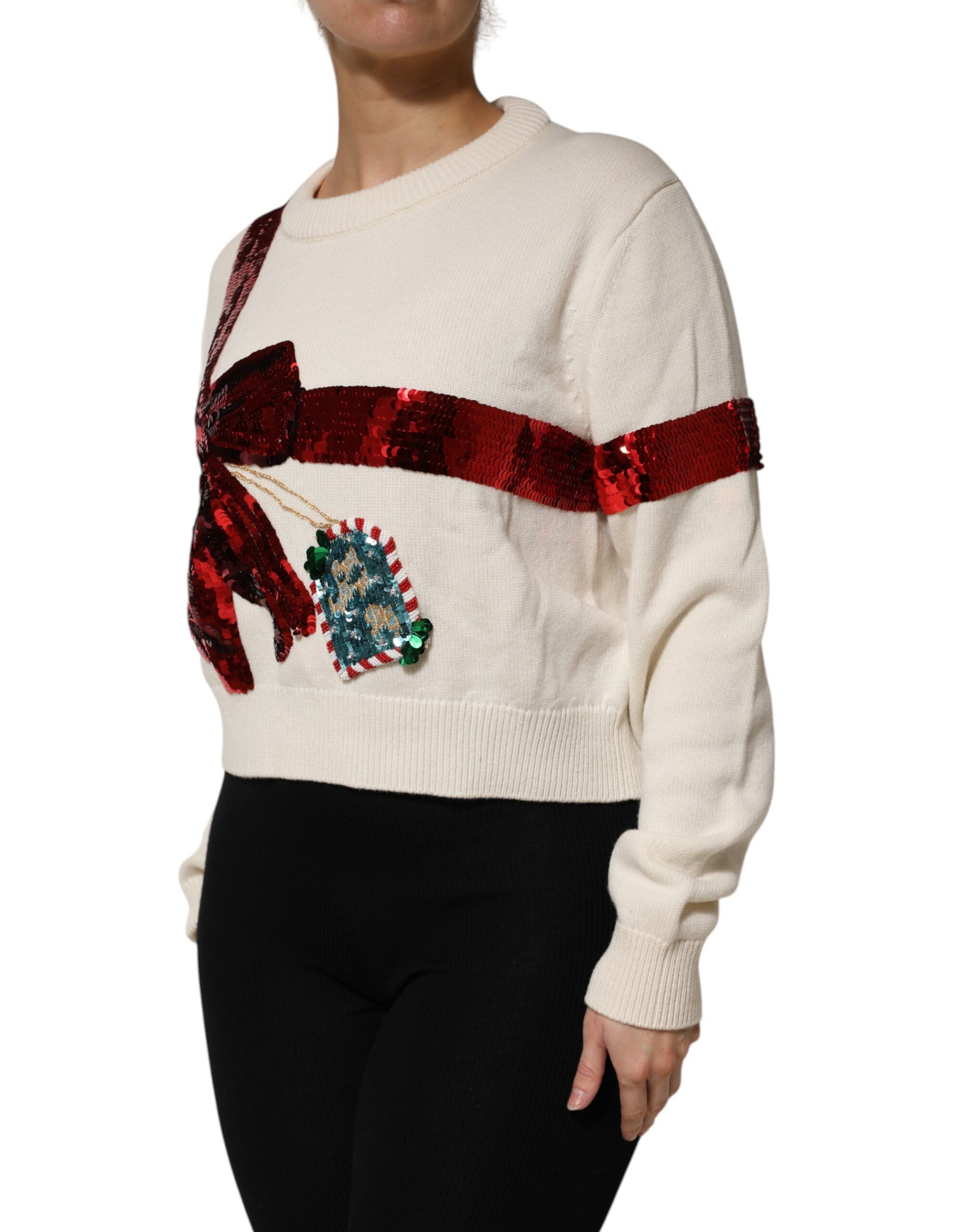 White Sequined Crew Neck Pullover Women's Sweater - Dolce & Gabbana - Modalova