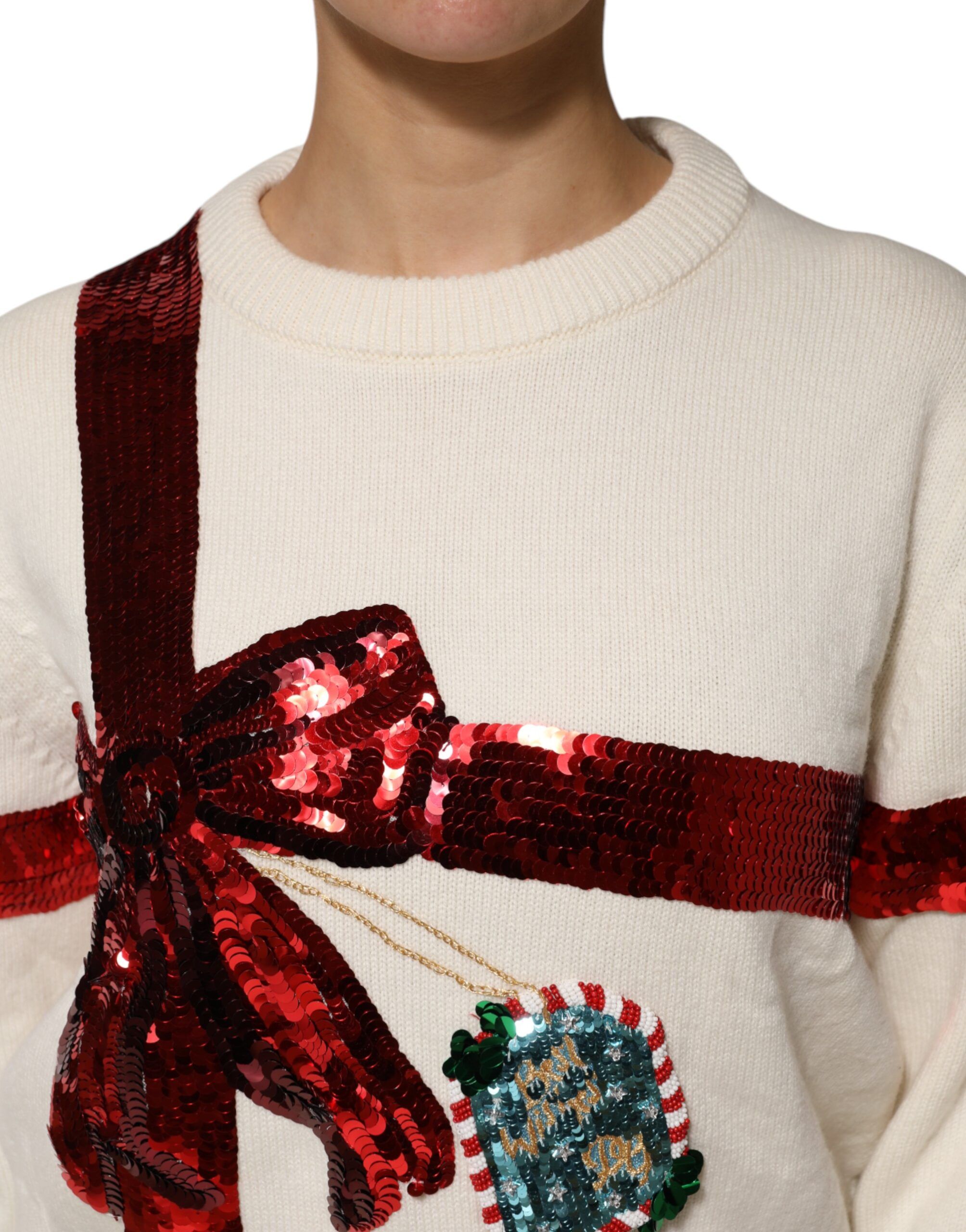 White Sequined Crew Neck Pullover Women's Sweater - Dolce & Gabbana - Modalova