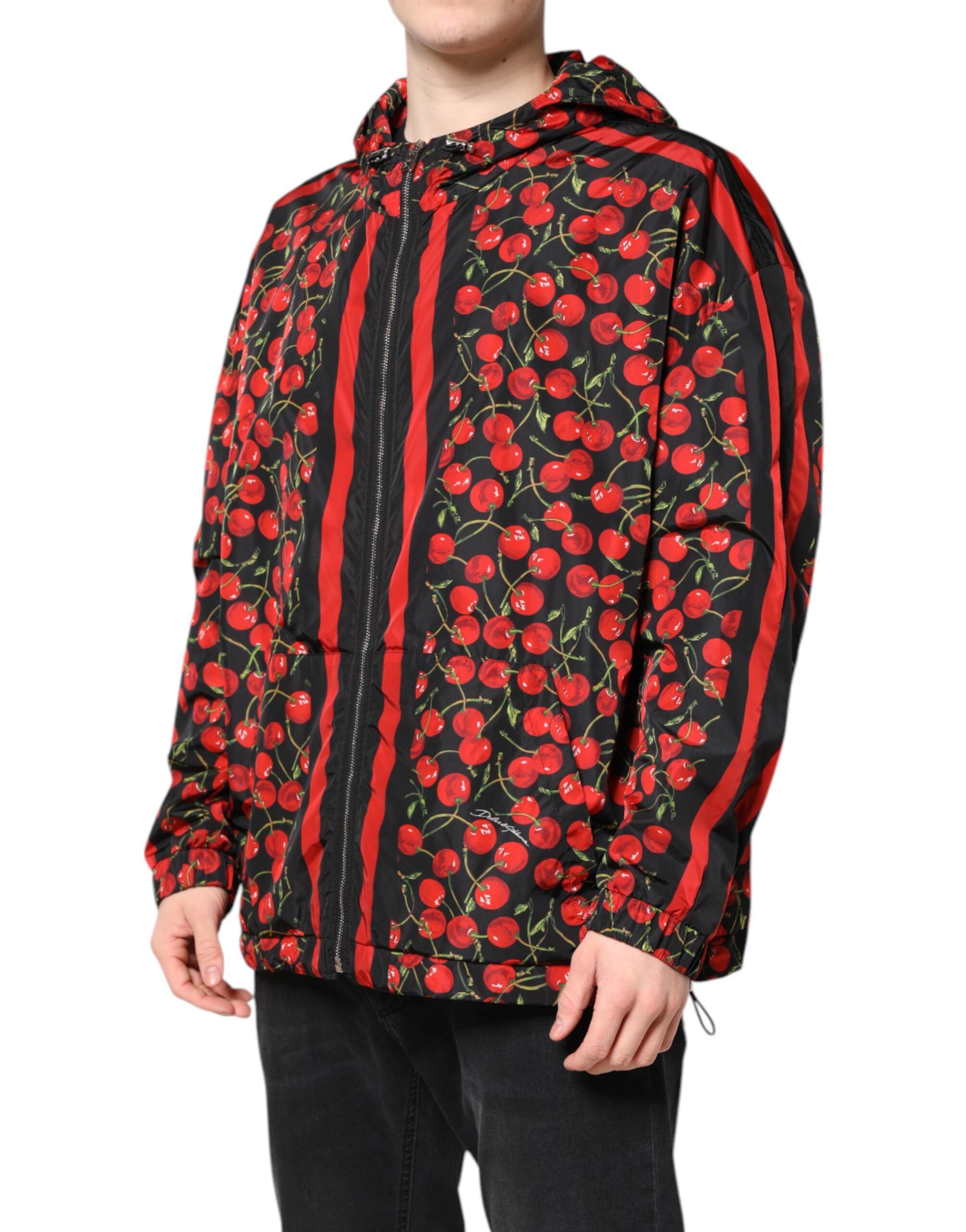 Black Cherry Print Hooded Windbreaker Men's Jacket - Dolce & Gabbana - Modalova