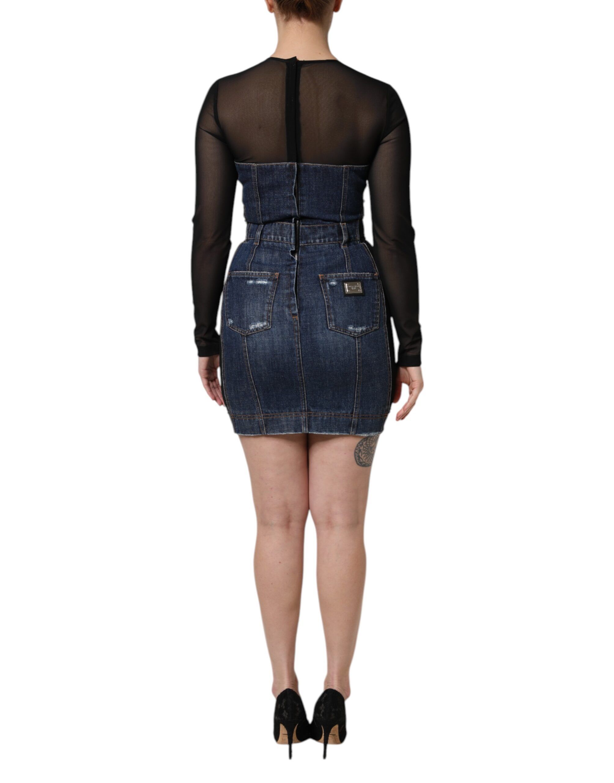 Black Blue Long Sleeves Denim Mini Women's Dress - Dolce & Gabbana - Modalova