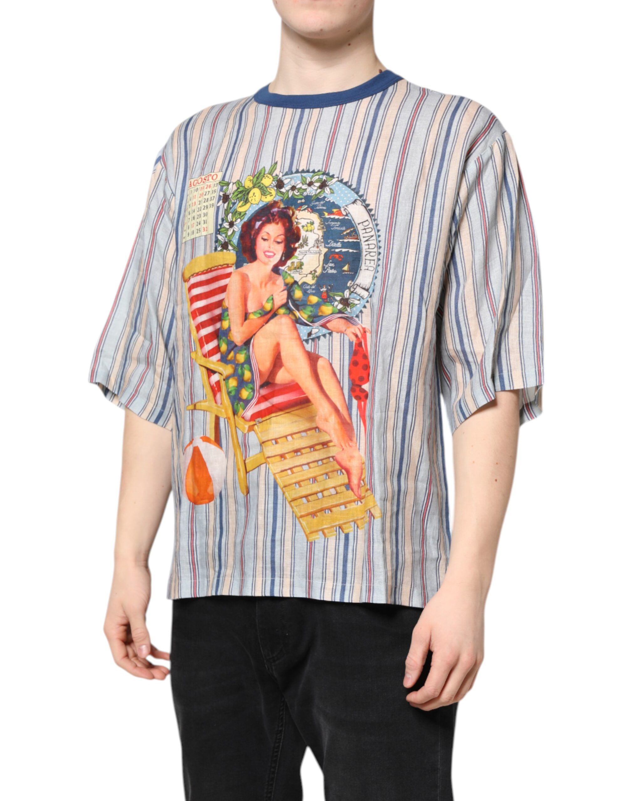 Striped Pin Up Linen Round Neck Men's T-shirt - Dolce & Gabbana - Modalova
