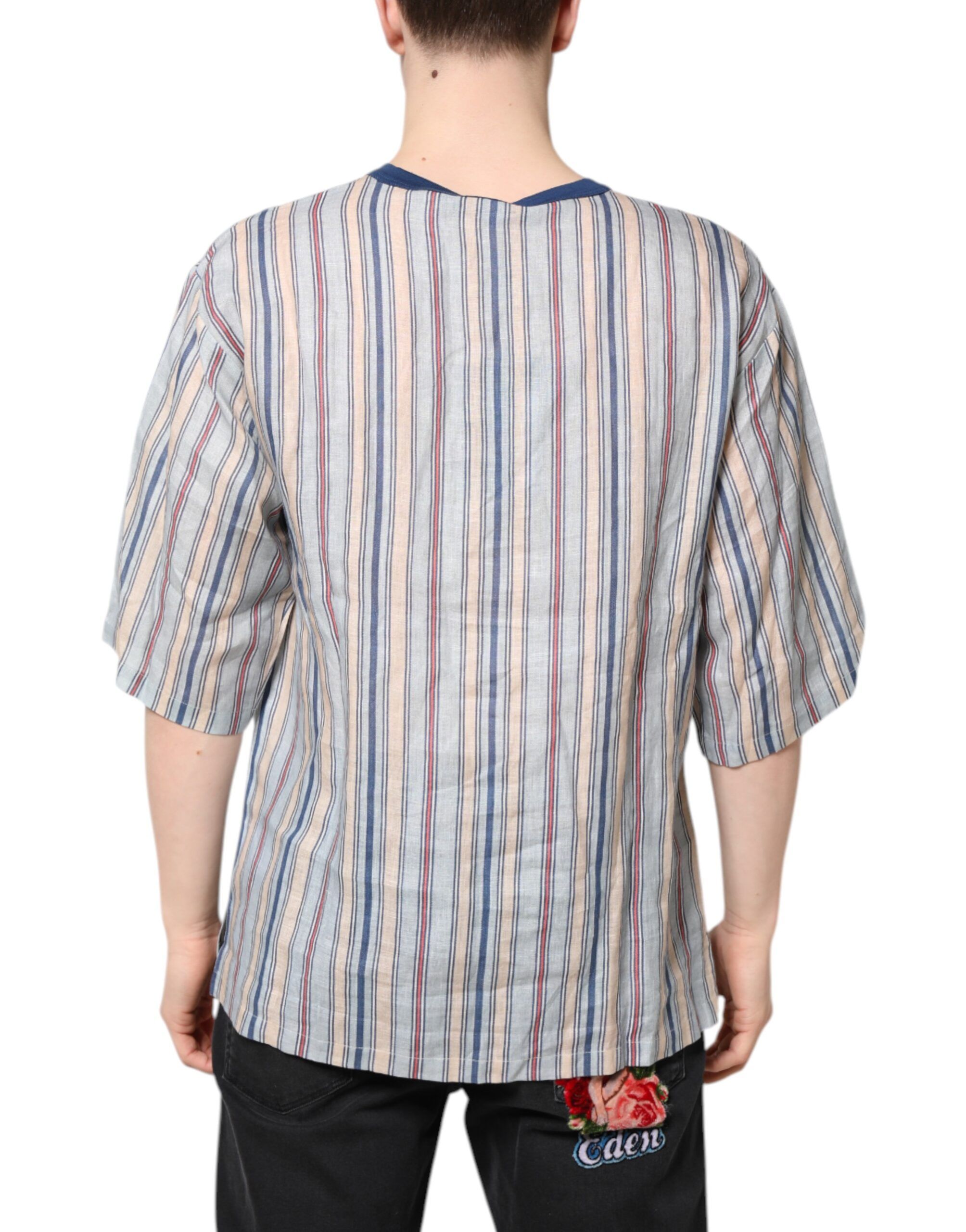 Striped Pin Up Linen Round Neck Men's T-shirt - Dolce & Gabbana - Modalova
