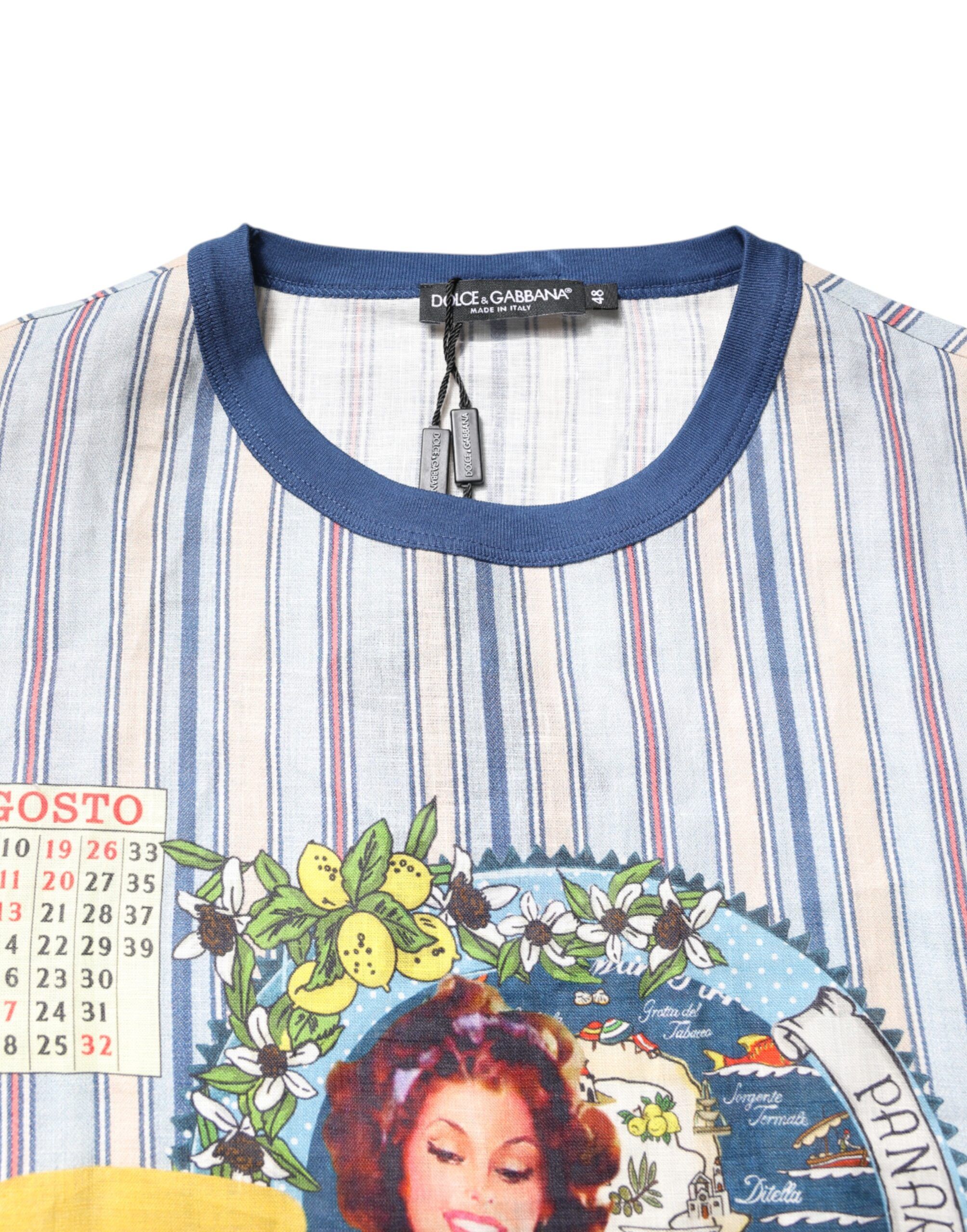 Striped Pin Up Linen Round Neck Men's T-shirt - Dolce & Gabbana - Modalova
