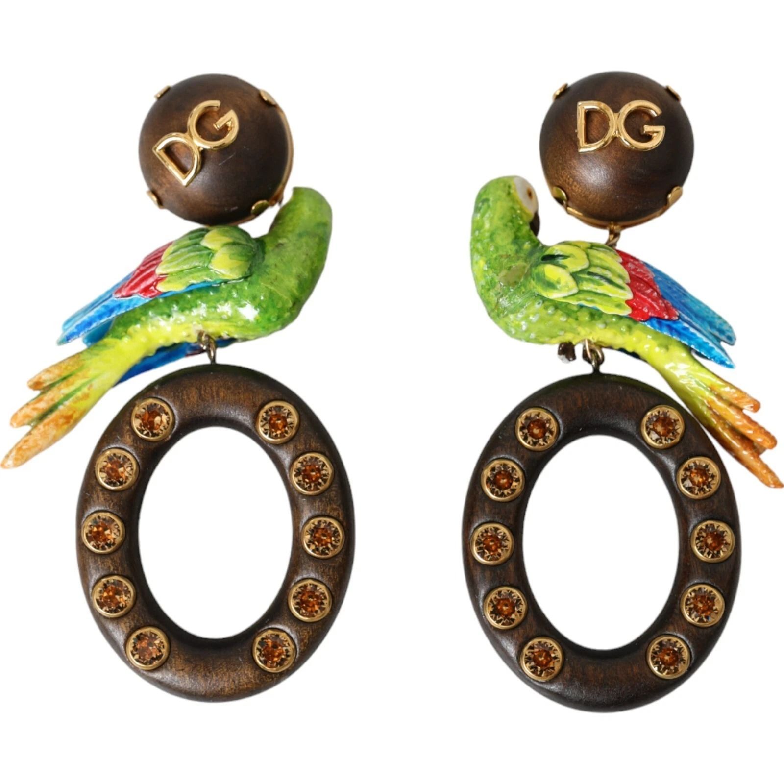 Parrot Wood Brass Crystal Embellished Women's Earrings (Pre-Owned) - Dolce & Gabbana - Modalova