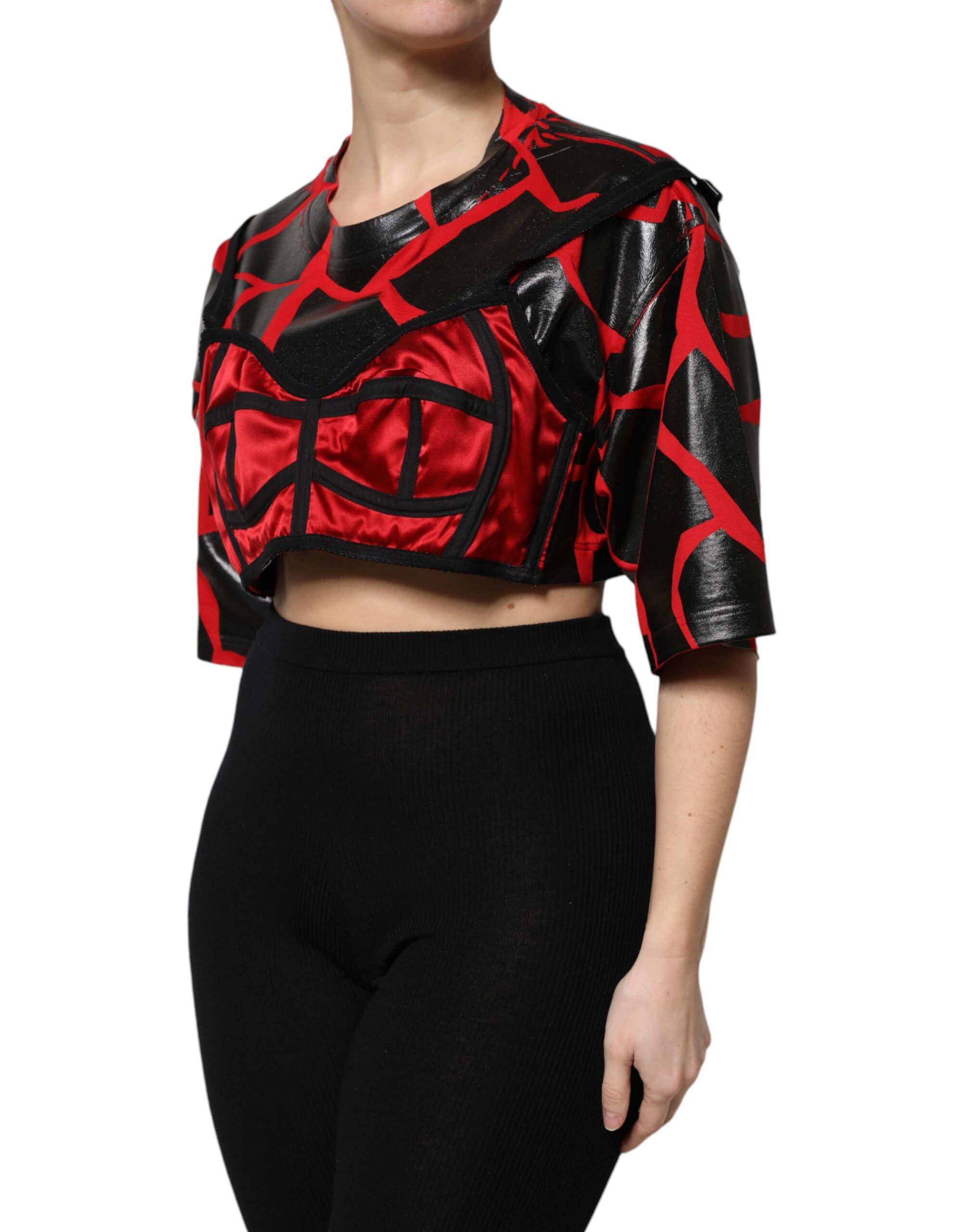 Red Black Cotton Bustier Detailing Cropped Women's Top - Dolce & Gabbana - Modalova