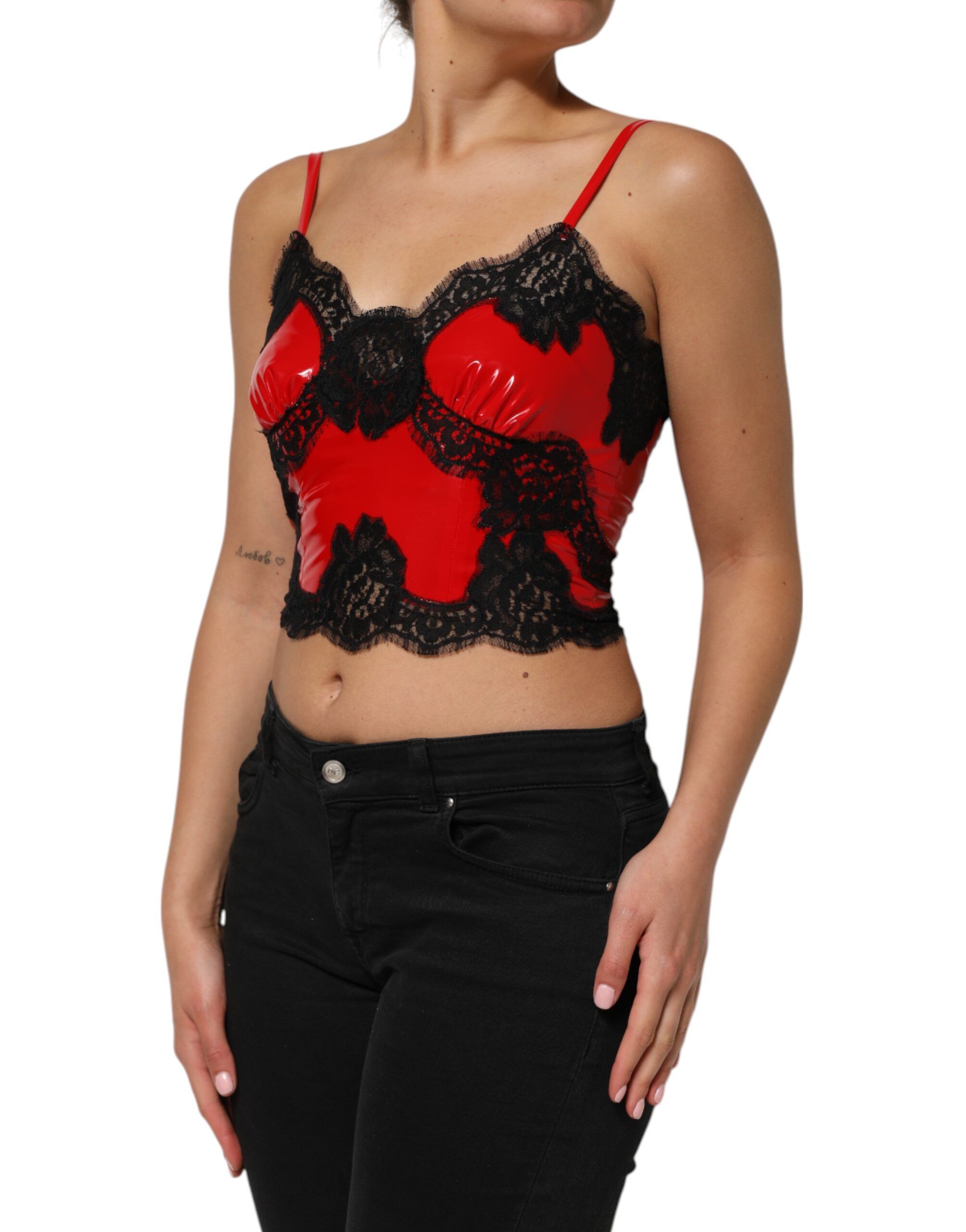 Red Black Lace Trim Polyester Sleeveless Tank Women's Top - Dolce & Gabbana - Modalova
