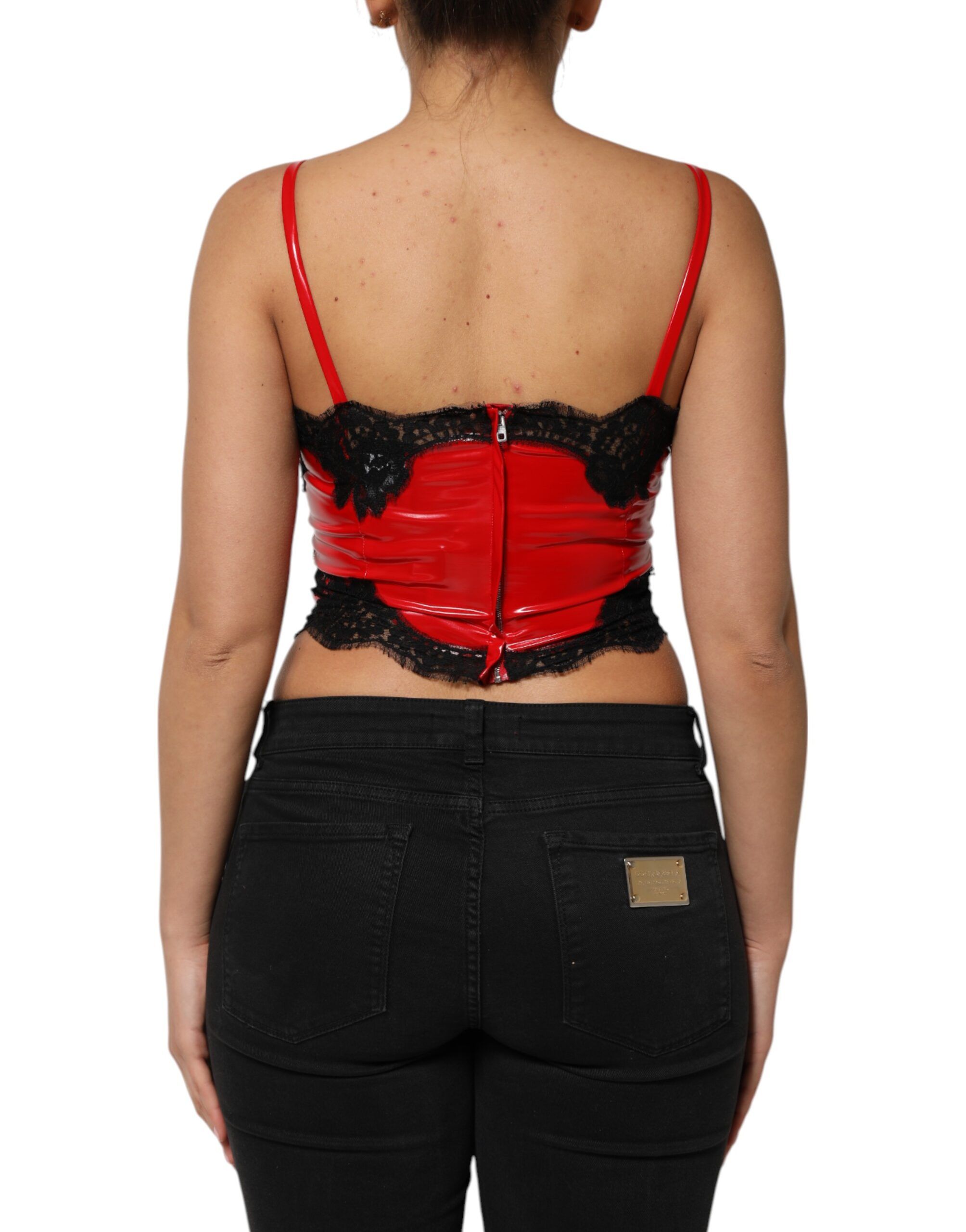 Red Black Lace Trim Polyester Sleeveless Tank Women's Top - Dolce & Gabbana - Modalova