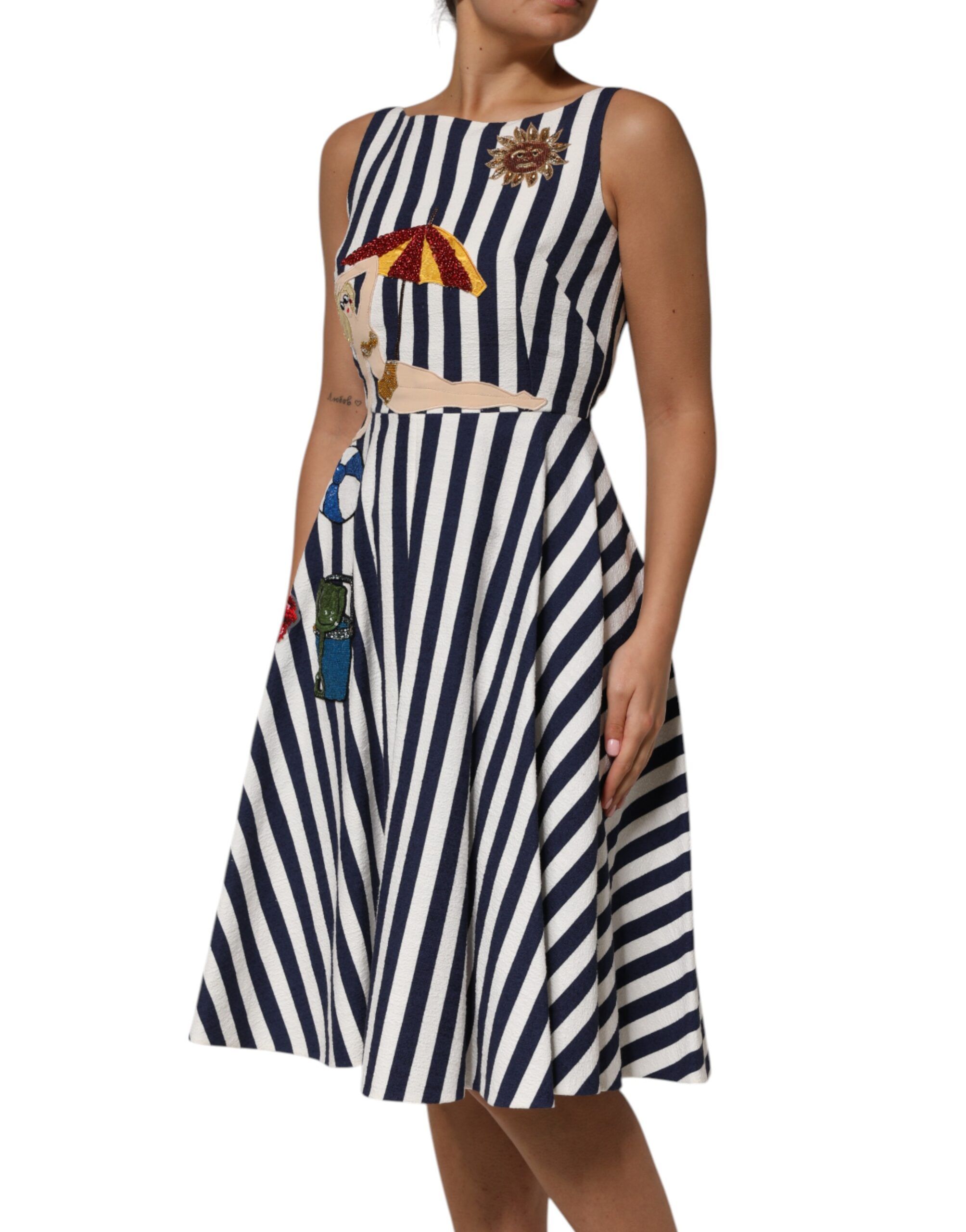 Blue White Striped Embroidered A-line Women's Dress - Dolce & Gabbana - Modalova