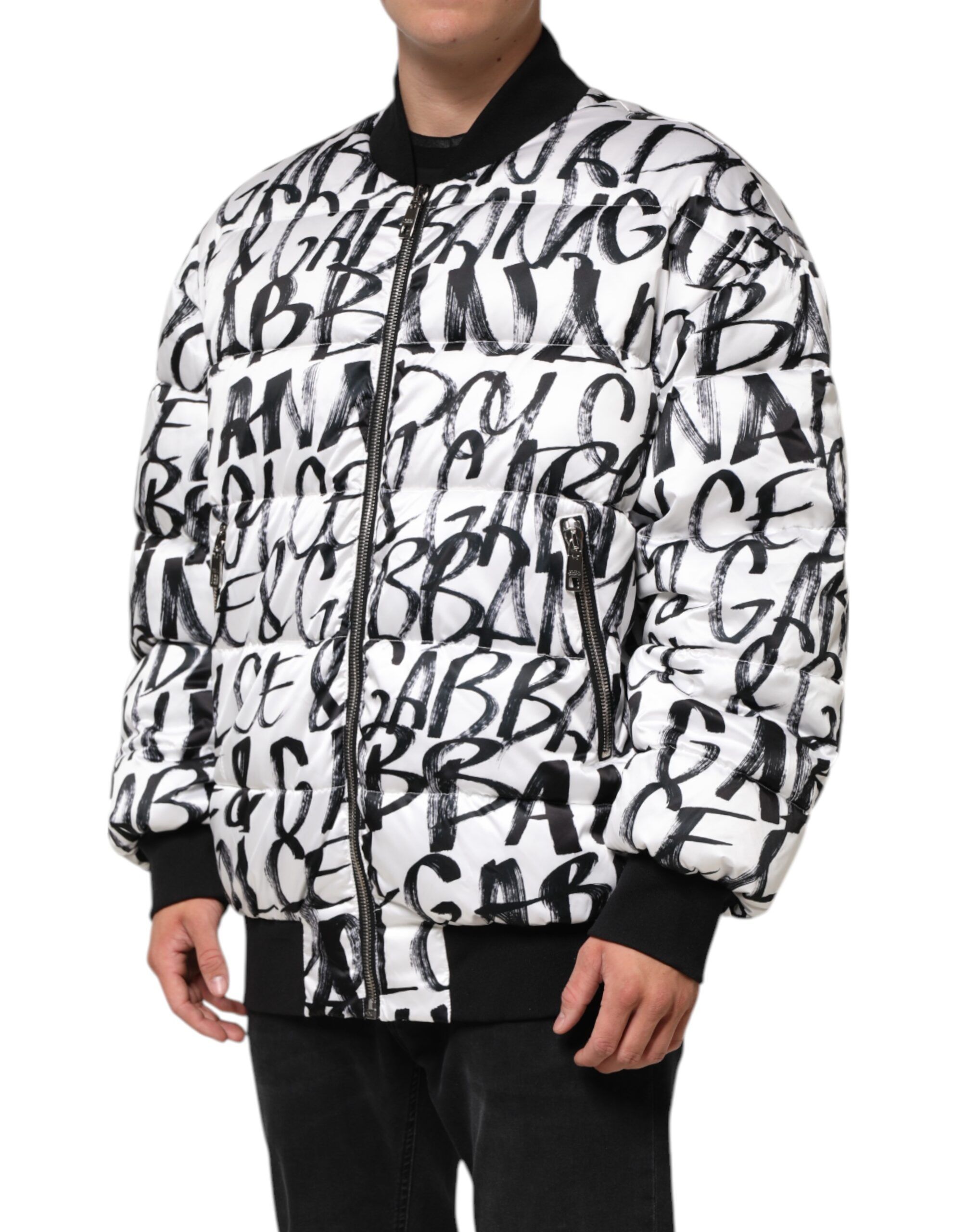 Black Graffiti Logo Puffer Bomber Men's Jacket - Dolce & Gabbana - Modalova