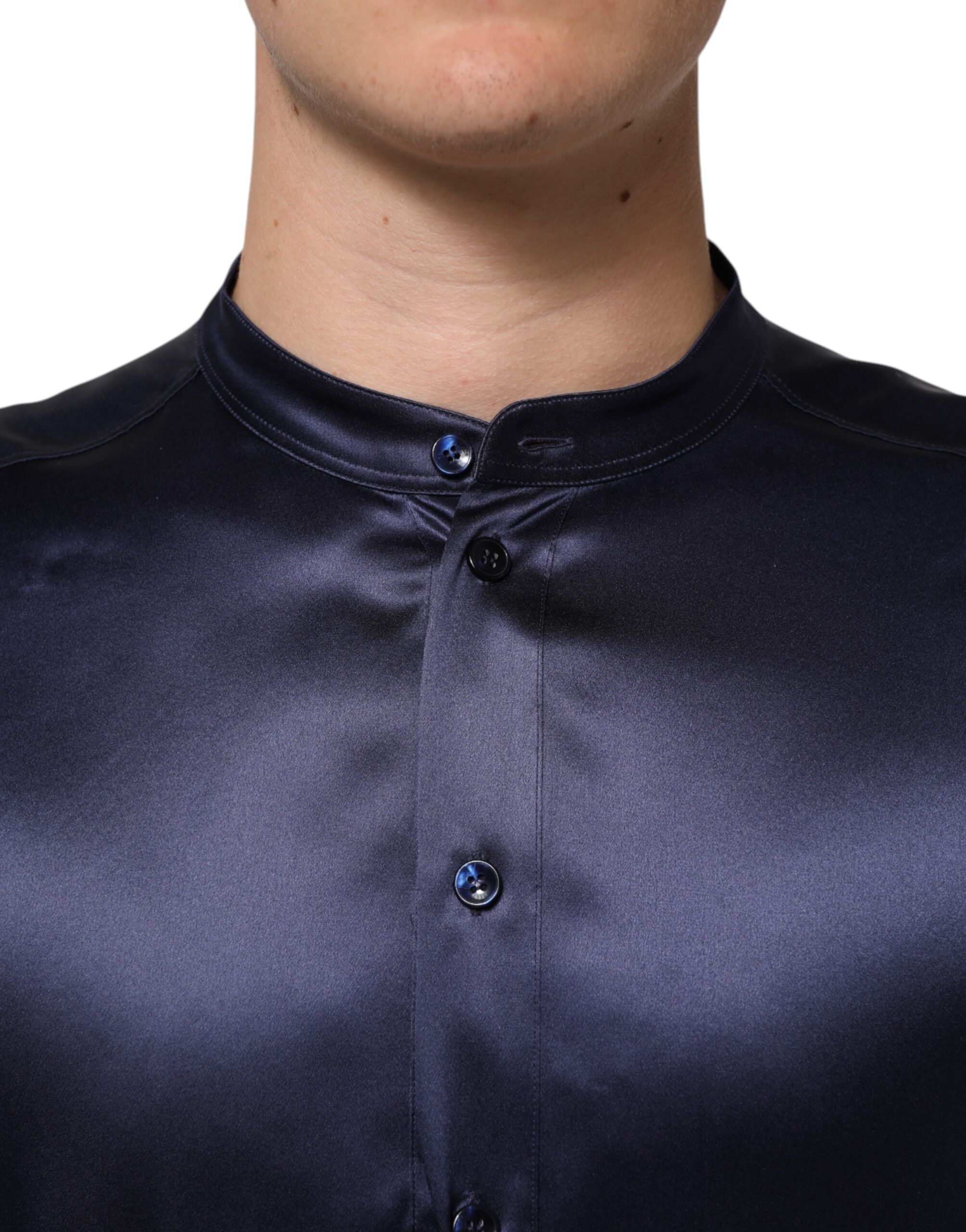 Navy Silk Long Sleeve Mandarin Collar Men's Shirt (Pre-Owned) - Dolce & Gabbana - Modalova