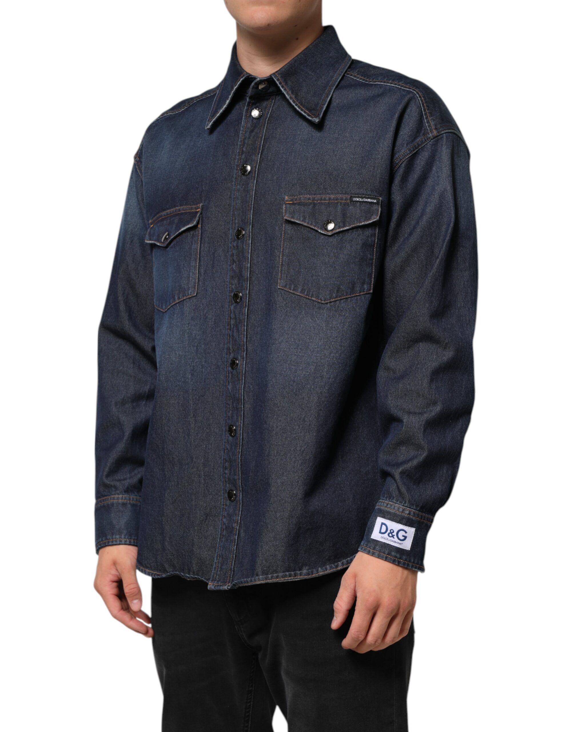 Denim Button Casual Logo Patch Men Men's Shirt - Dolce & Gabbana - Modalova