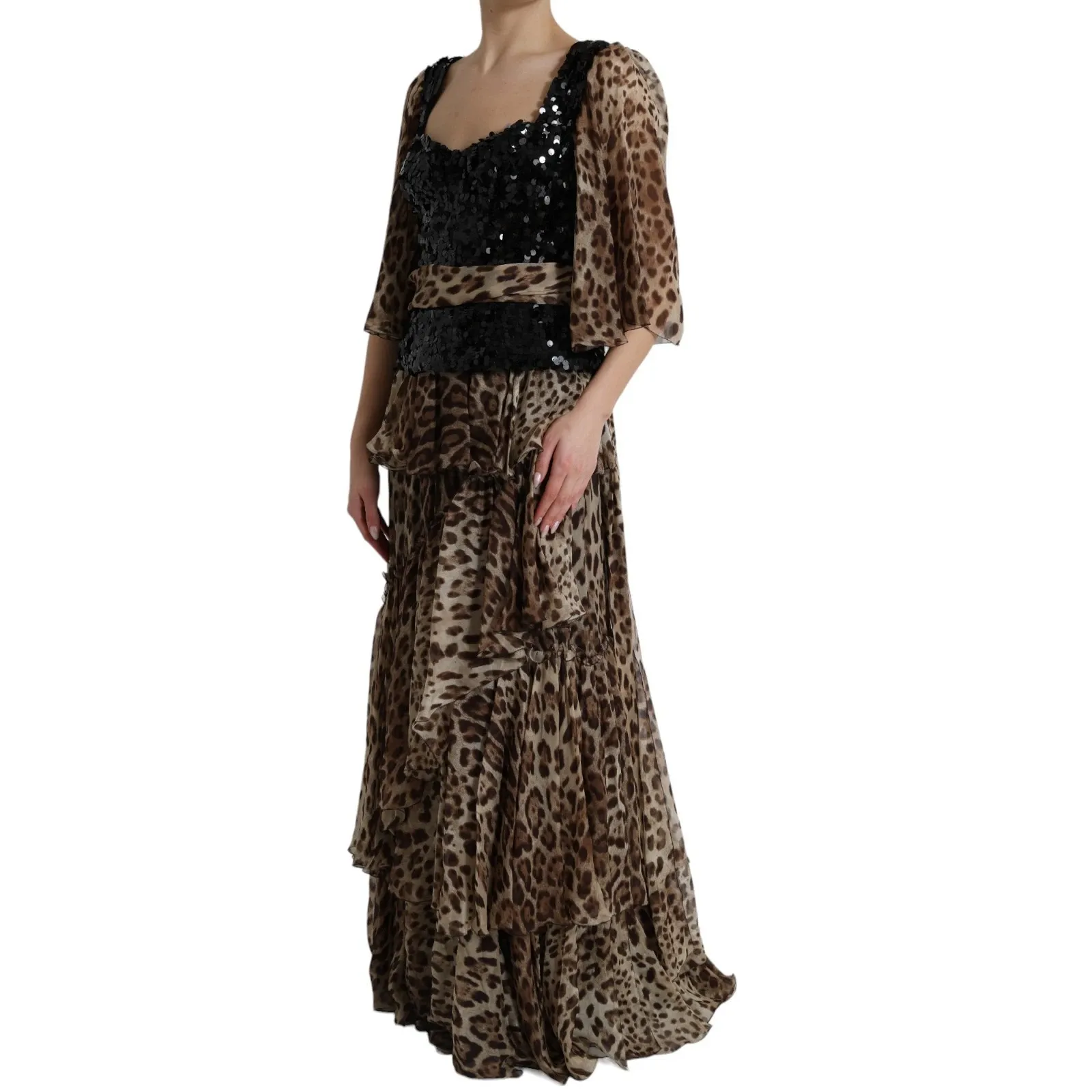Leopard Print Silk Sequin Ruffle Maxi Women's Dress - Dolce & Gabbana - Modalova