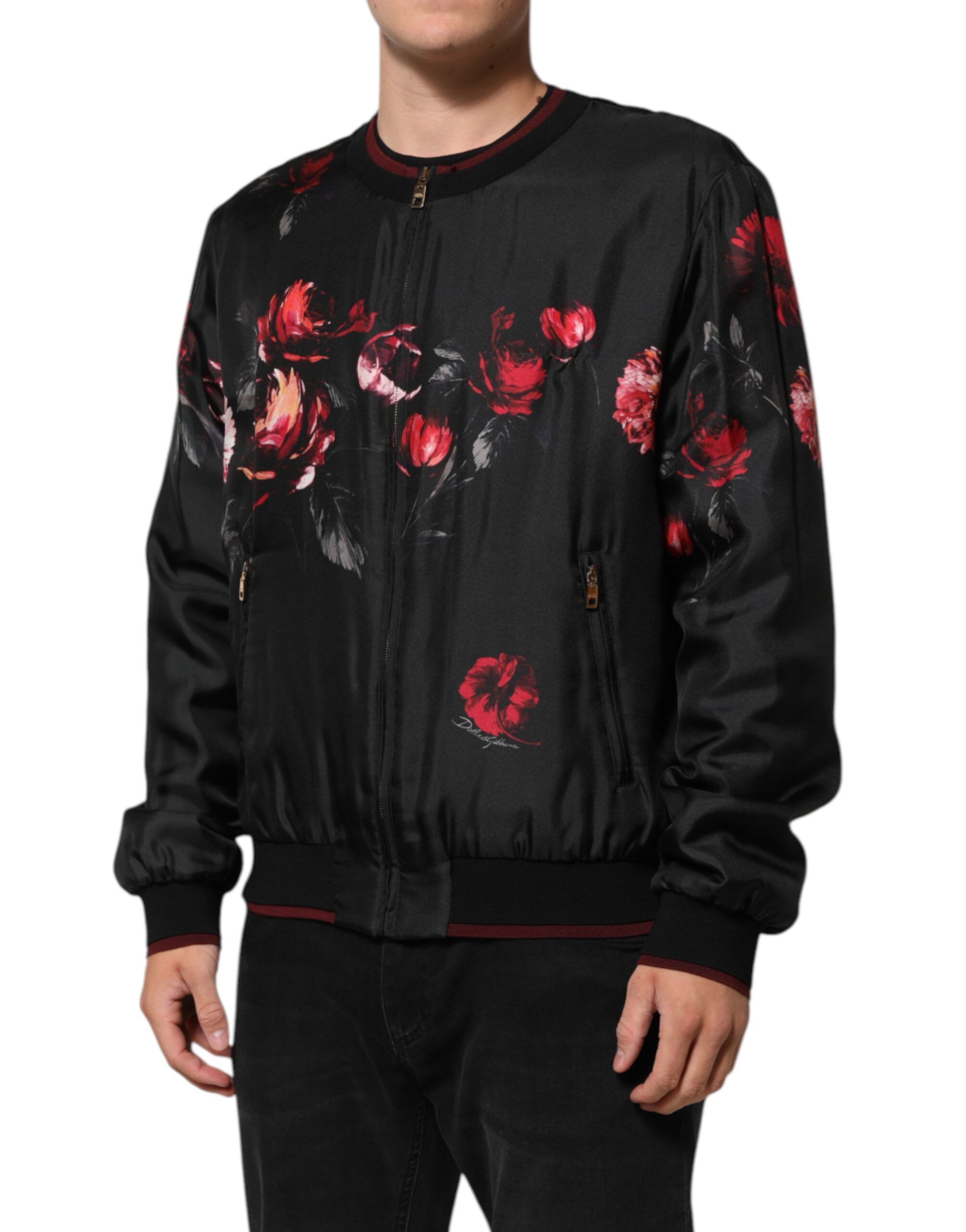 Black Red Floral Silk Bomber Blouson Men's Jacket (Pre-Owned) - Dolce & Gabbana - Modalova