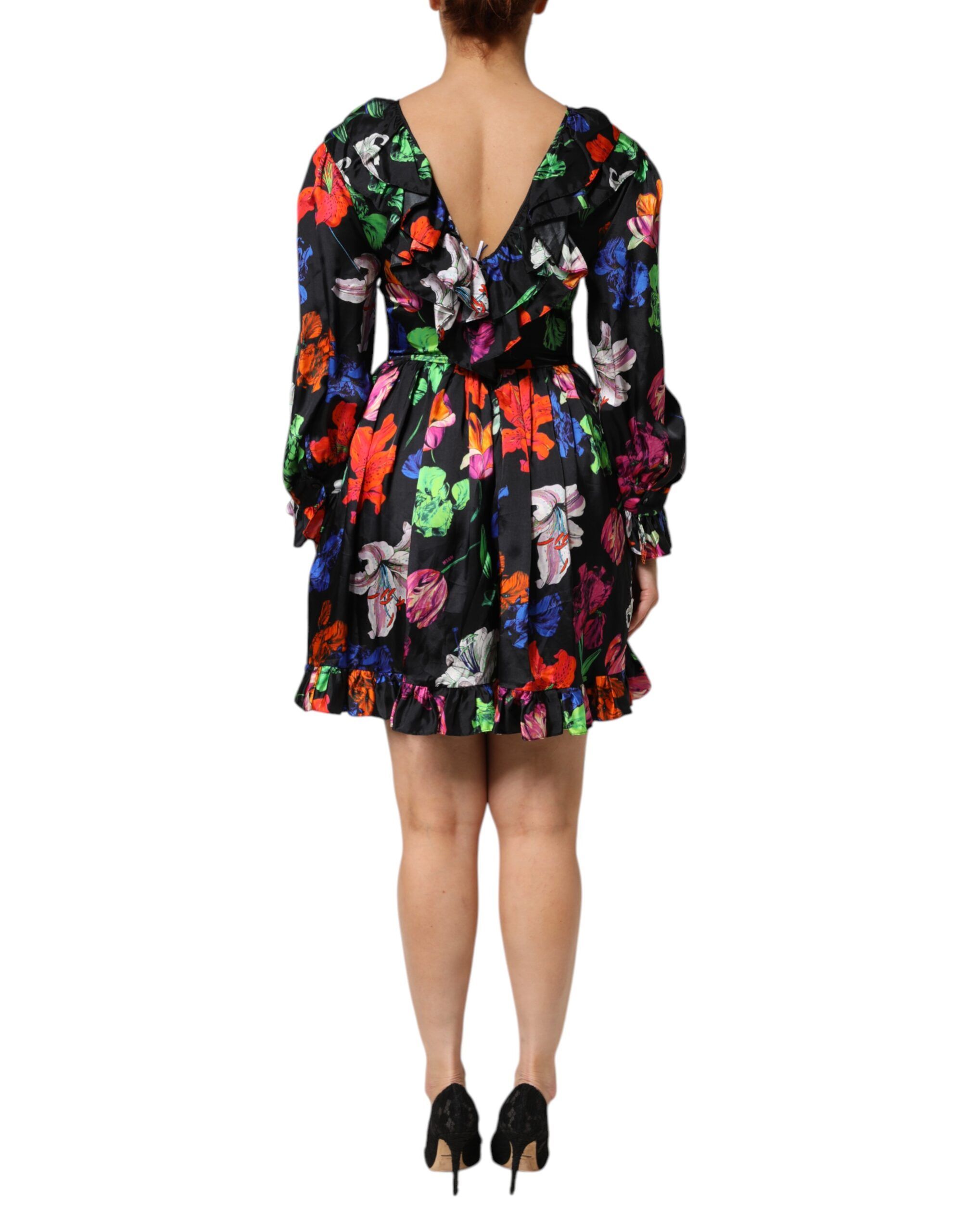 Women's Black Floral Ruffle Long Sleeve Mini Women's Dress - MSGM - Modalova