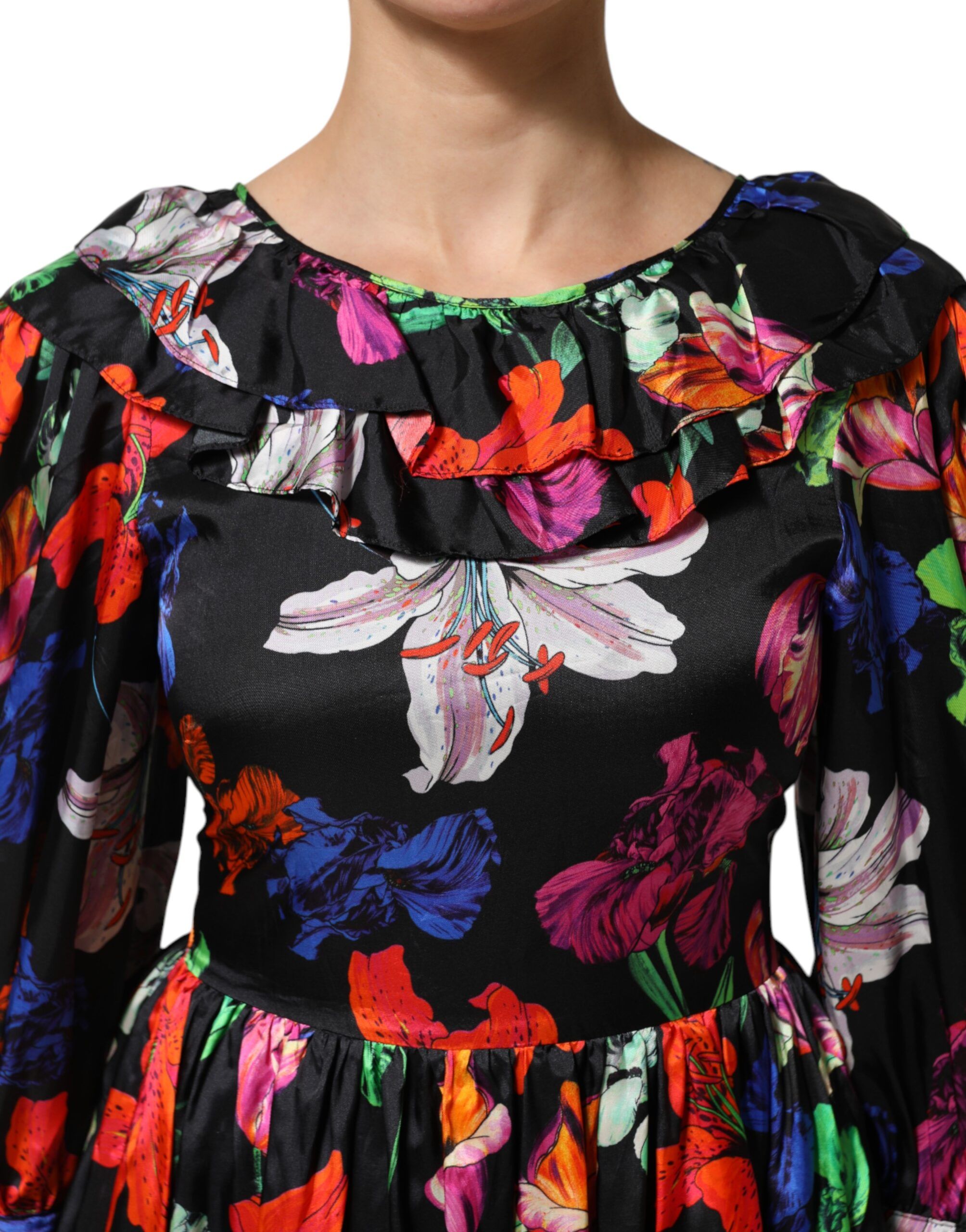 Women's Black Floral Ruffle Long Sleeve Mini Women's Dress - MSGM - Modalova