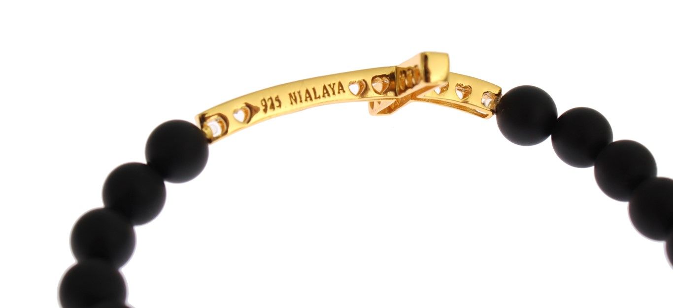 Matte Onyx Stone Gold CZ Cross 925 Silver Women's Bracelet - Nialaya - Modalova