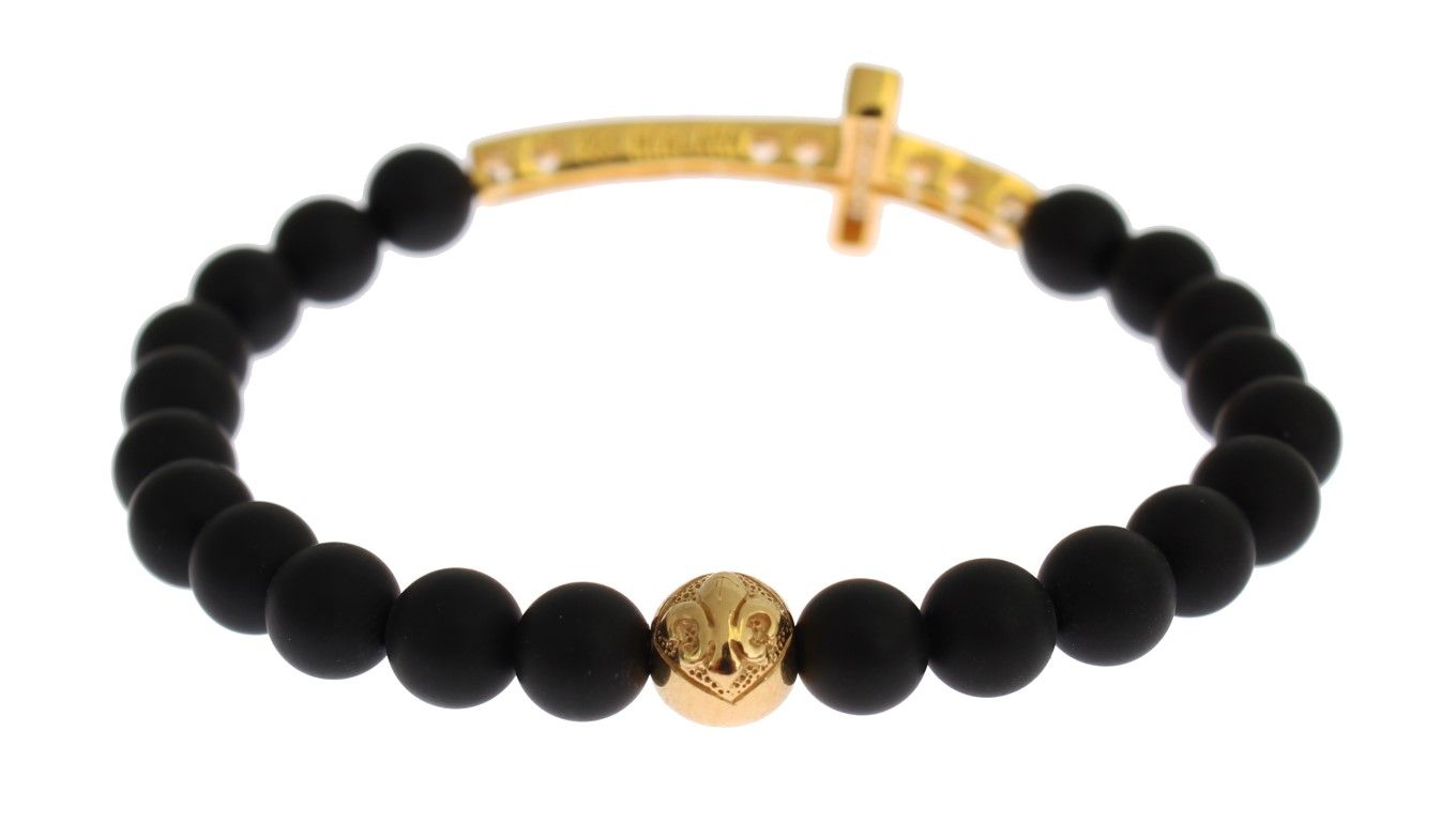 Matte Onyx Stone Gold CZ Cross 925 Silver Women's Bracelet - Nialaya - Modalova