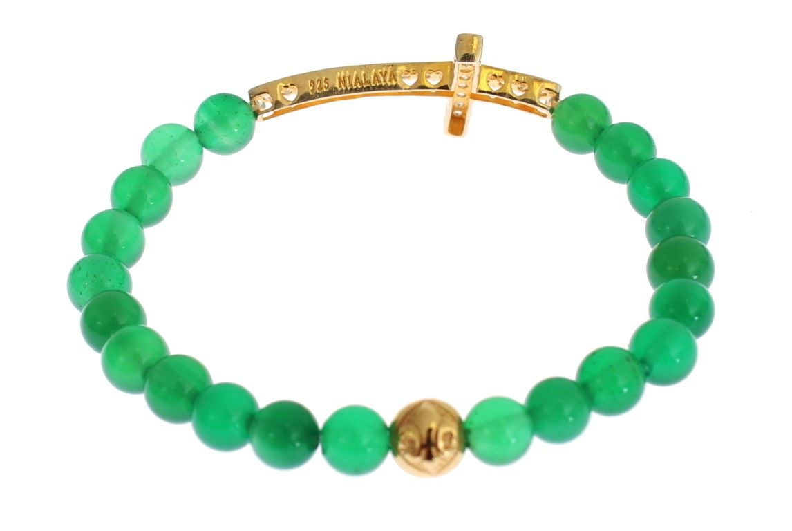 Jade Stone Gold CZ Cross 925 Silver Women's Bracelet - Nialaya - Modalova