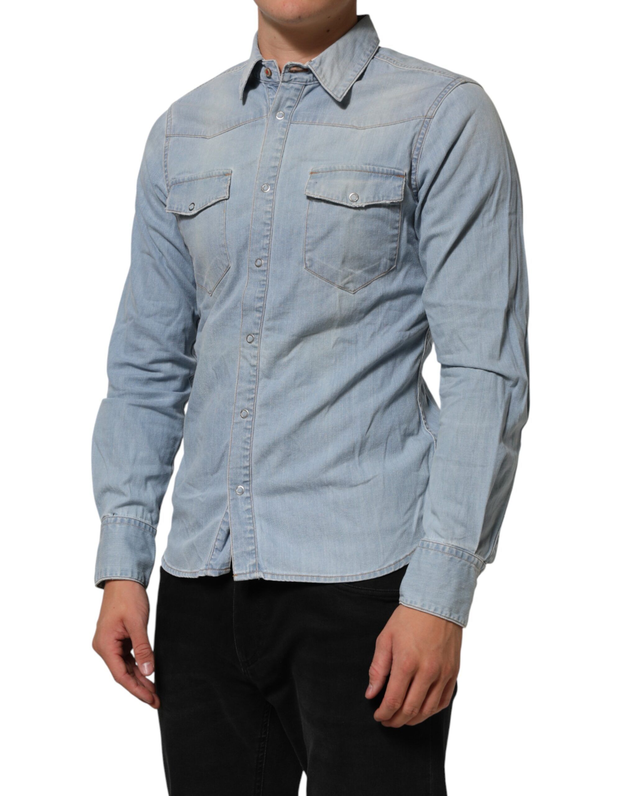 Blue Denim Collared Long Sleeve Men Men's Shirt (Pre-Owned) - Maison Clochard - Modalova