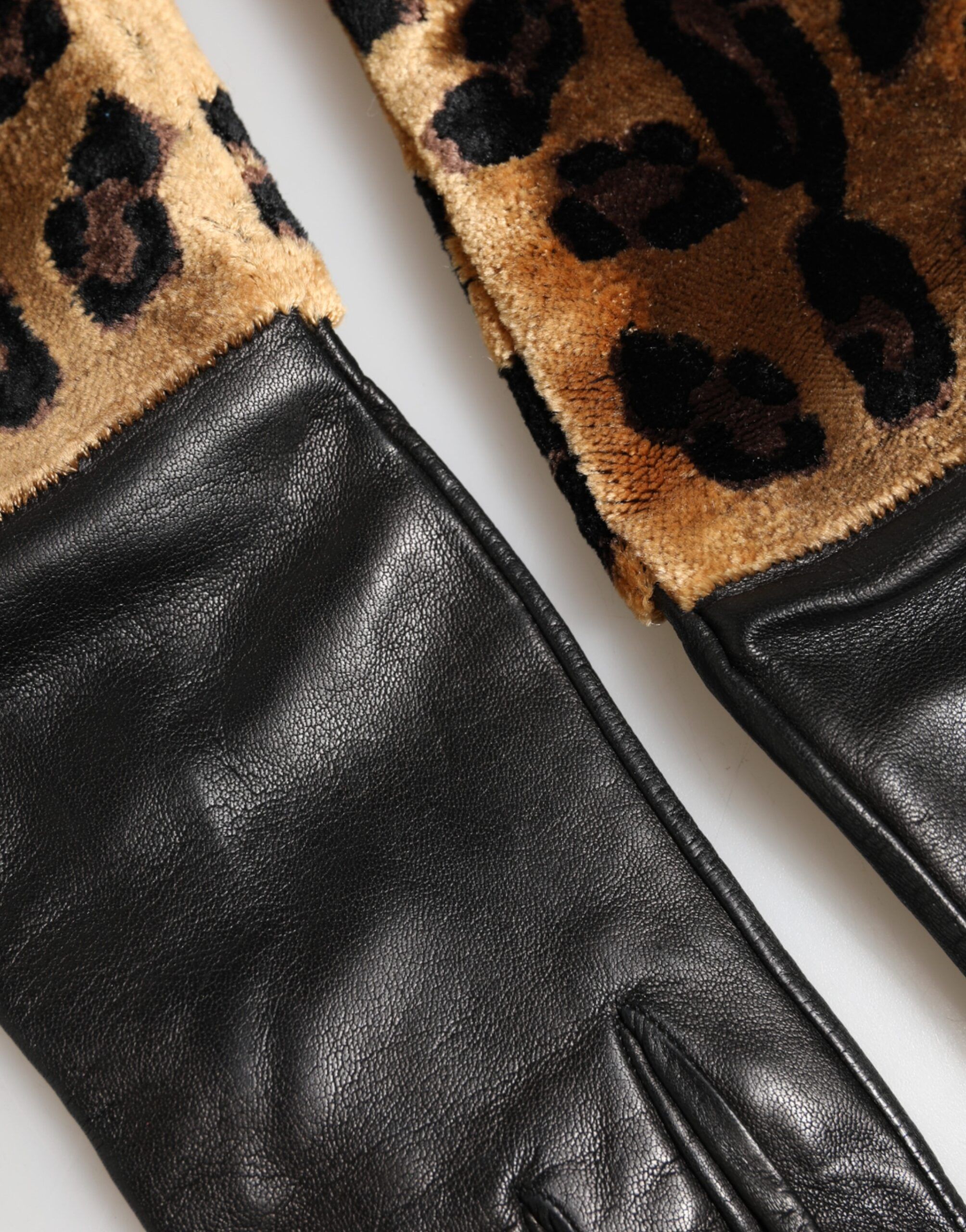 Brown Black Leopard Leather Elbow Length Mitten Women's Gloves - Dolce & Gabbana - Modalova