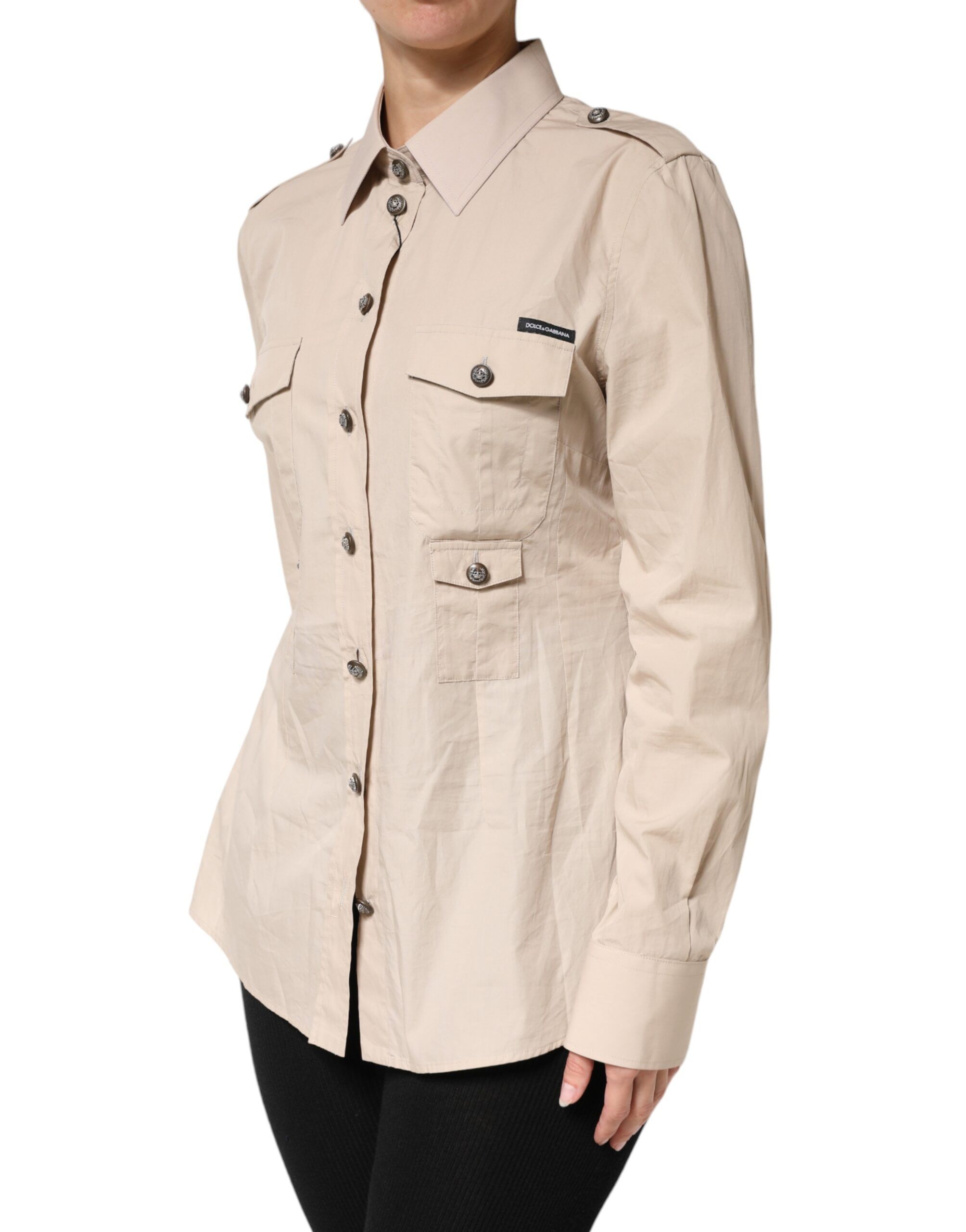 Beige Collared Long Sleeve Cotton Shirt Women's Top - Dolce & Gabbana - Modalova