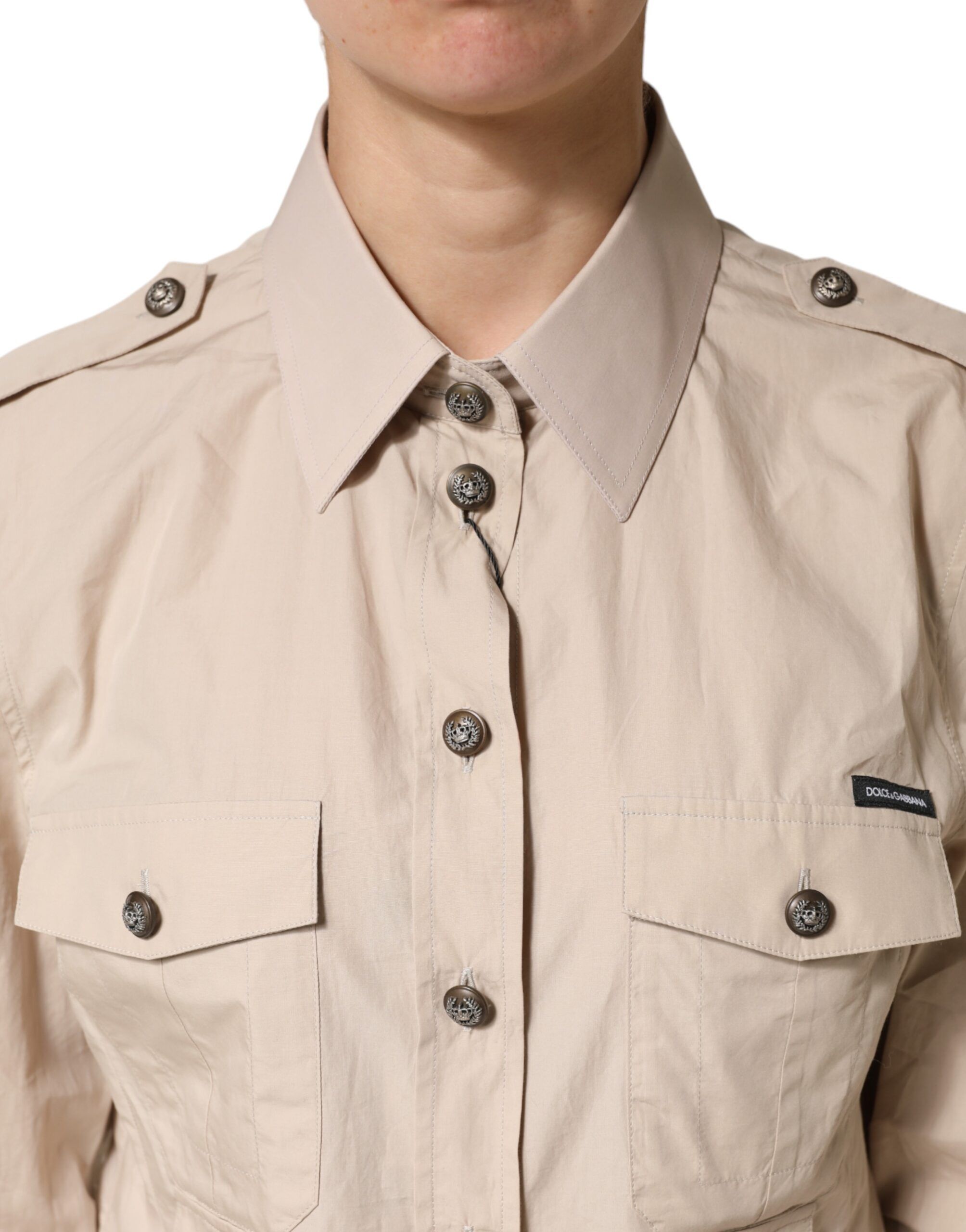Beige Collared Long Sleeve Cotton Shirt Women's Top - Dolce & Gabbana - Modalova