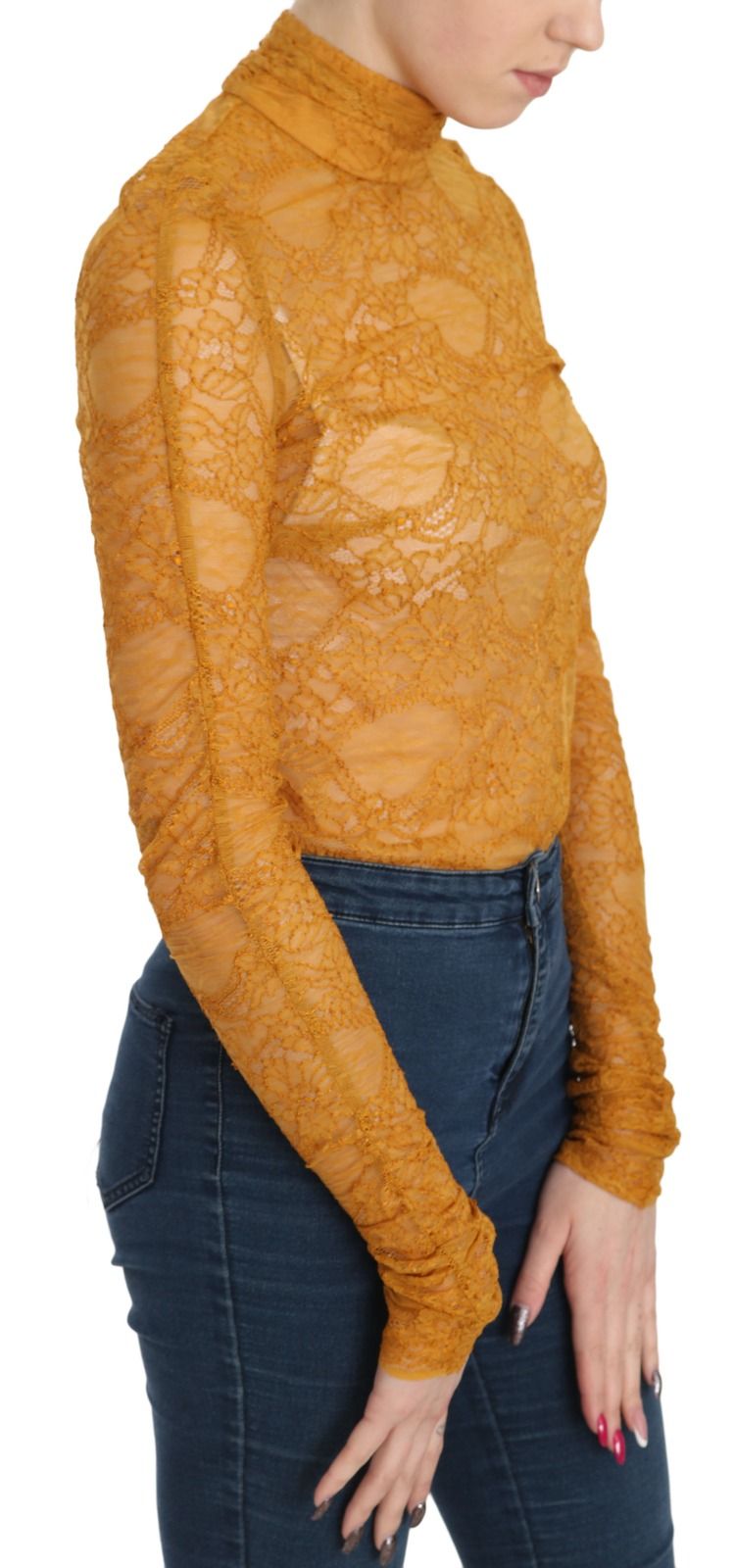Mustard Turtle Neck Long Sleeve Lace Top Women's Blouse - Mangano - Modalova