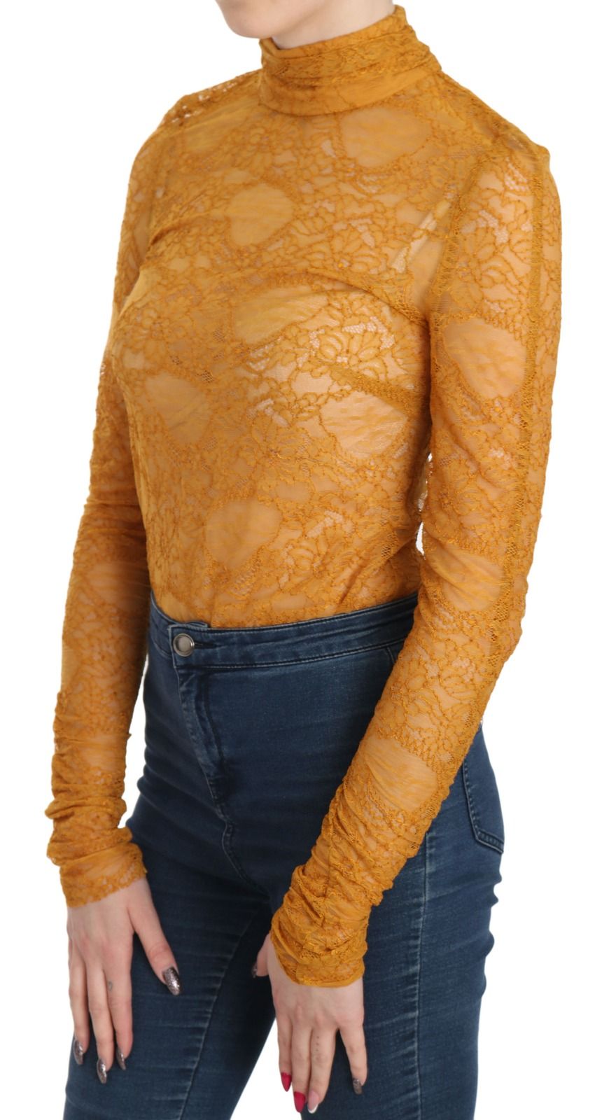 Mustard Turtle Neck Long Sleeve Lace Top Women's Blouse - Mangano - Modalova