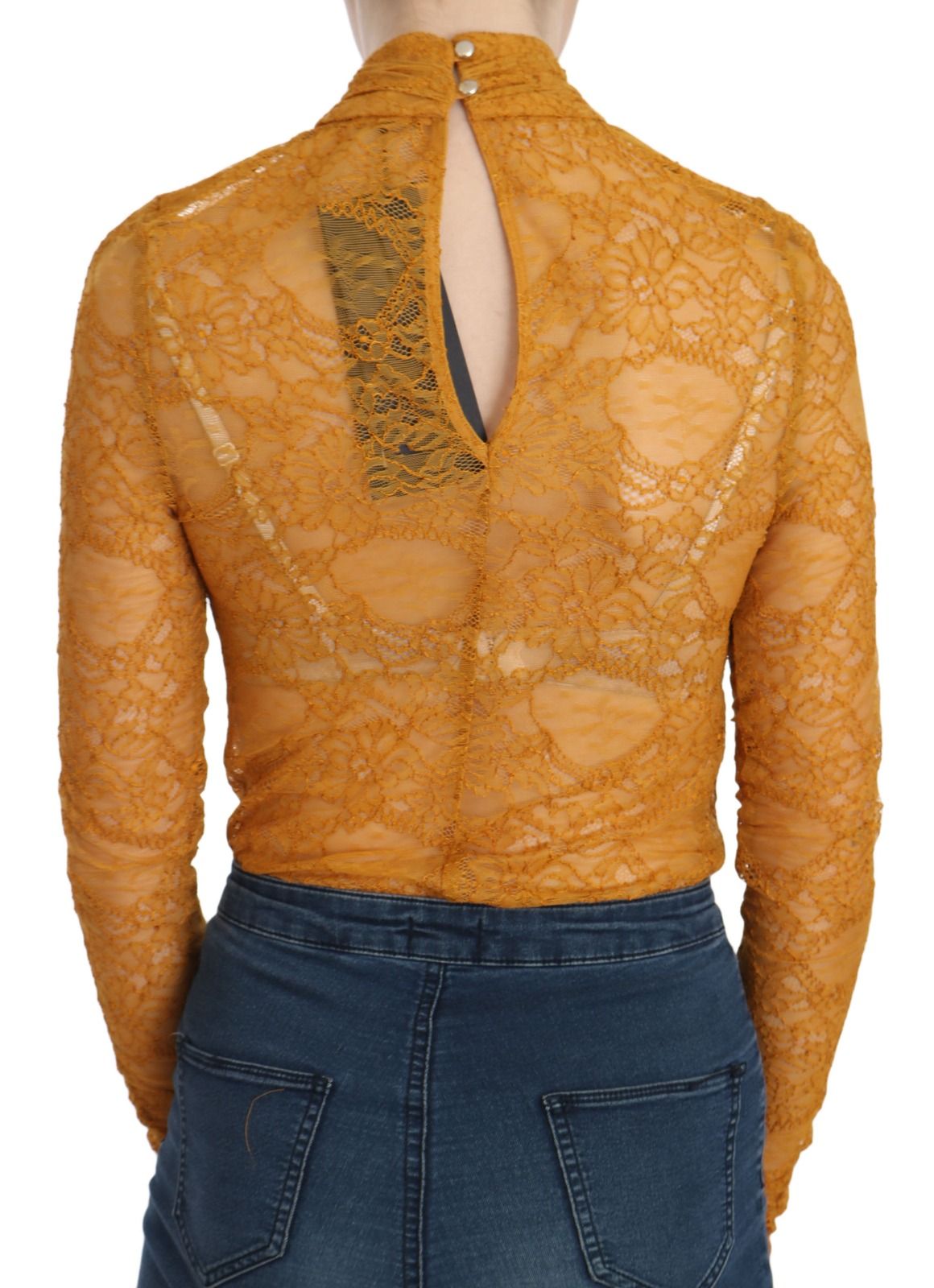 Mustard Turtle Neck Long Sleeve Lace Top Women's Blouse - Mangano - Modalova