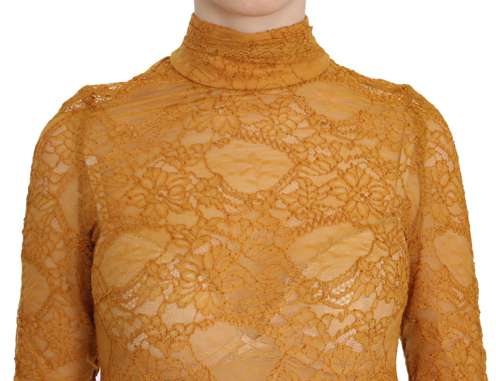 Mustard Turtle Neck Long Sleeve Lace Top Women's Blouse - Mangano - Modalova