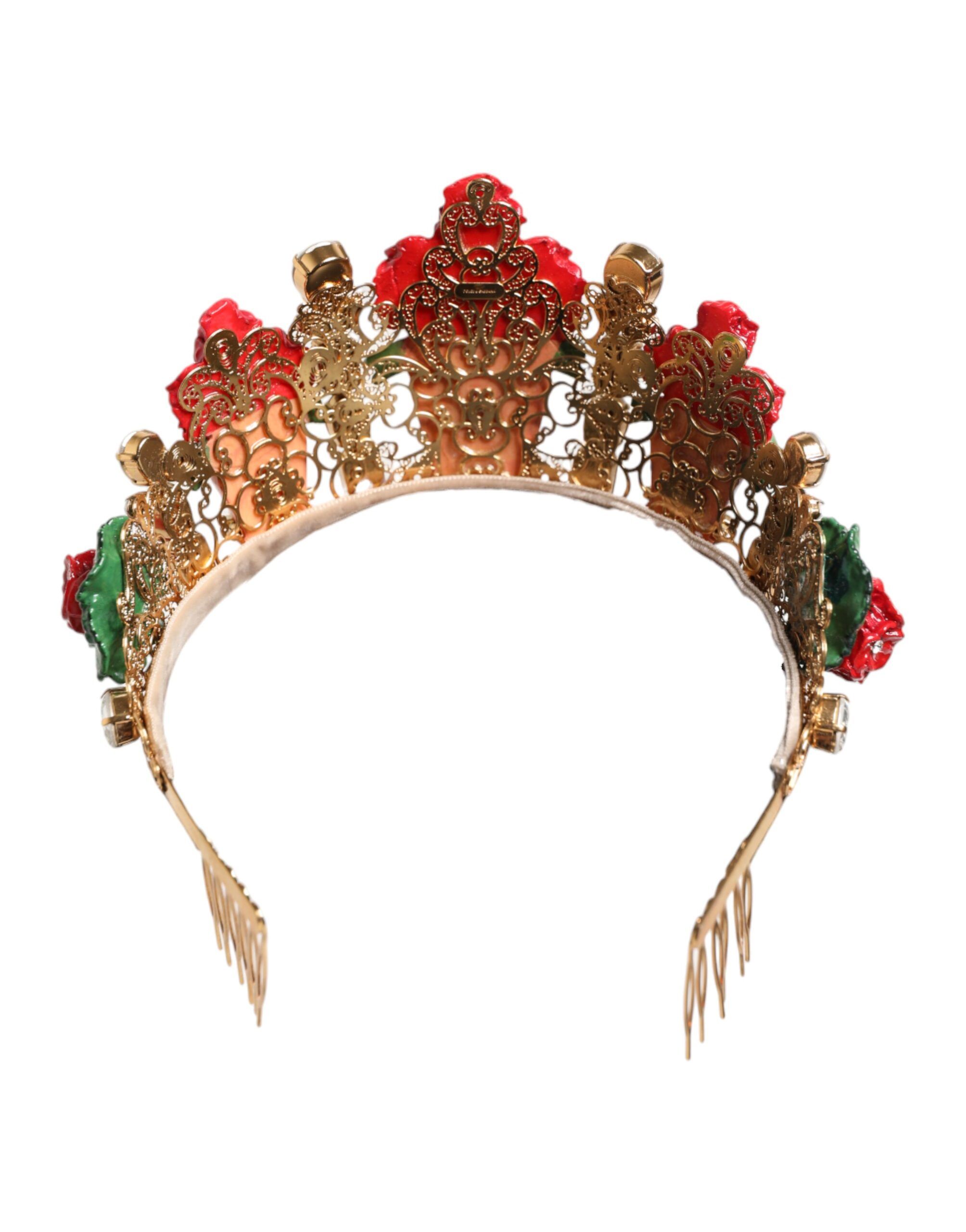 Red Floral Flowerpot Crystal Gold Crown Tiara Women's Headband - Dolce & Gabbana - Modalova