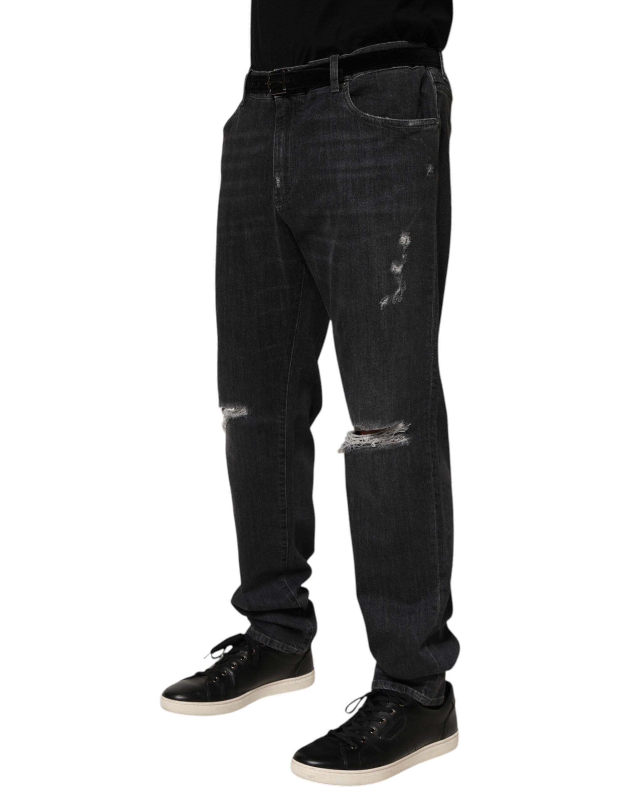 Black Cotton Slim Fit Distressed Ripped Logo Men's Jeans - Dolce & Gabbana - Modalova