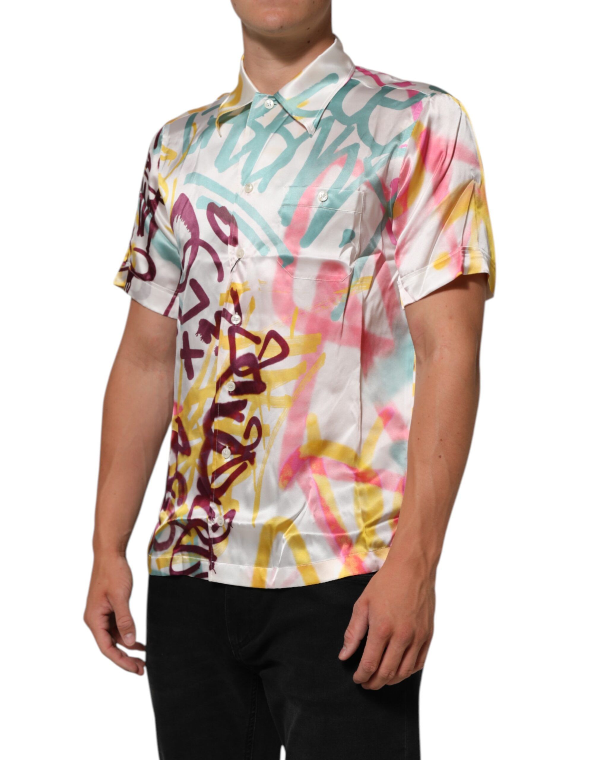 White Silk Hawaiian Graffiti Print Men Casual Men's Shirt - Dolce & Gabbana - Modalova