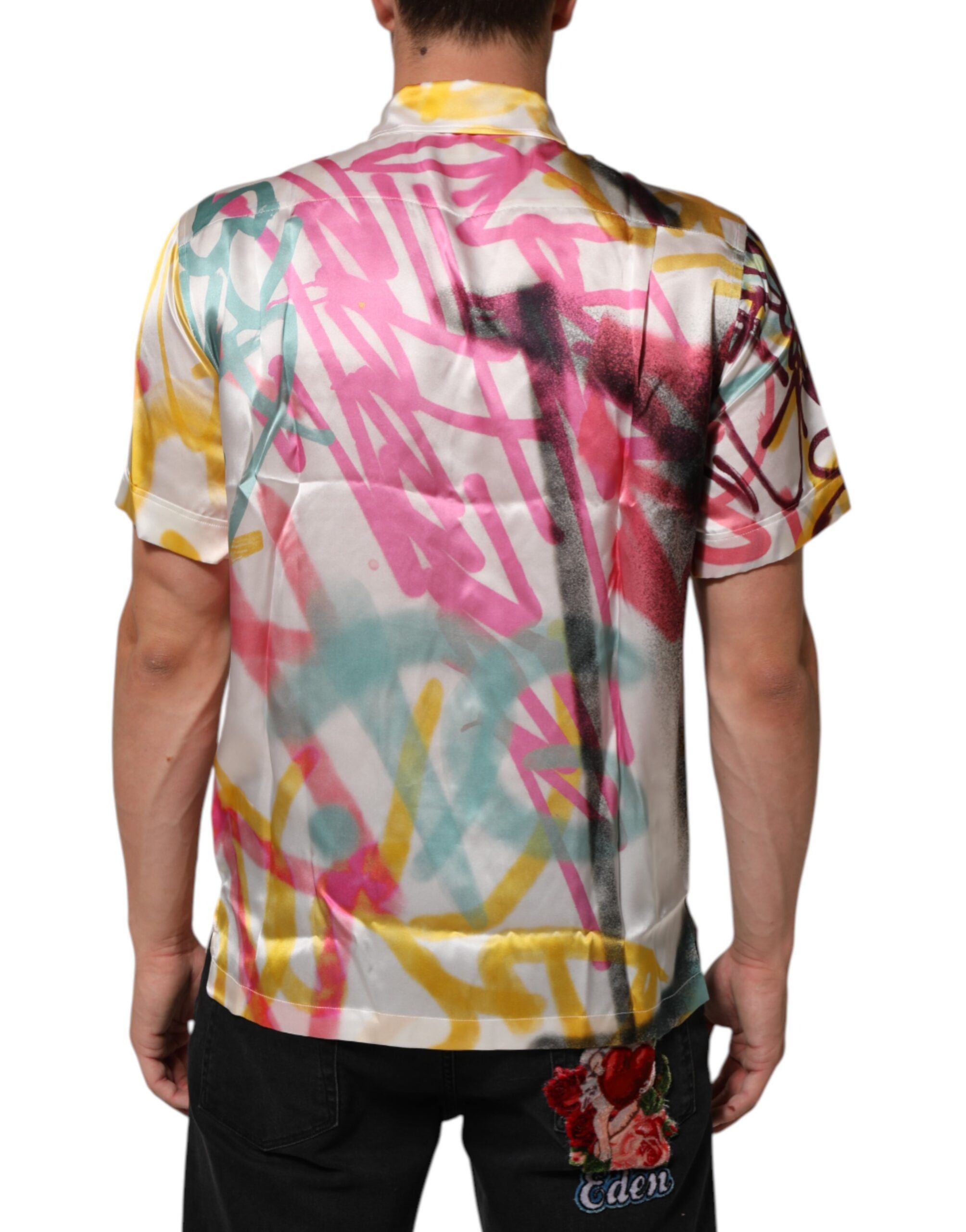 White Silk Hawaiian Graffiti Print Men Casual Men's Shirt - Dolce & Gabbana - Modalova