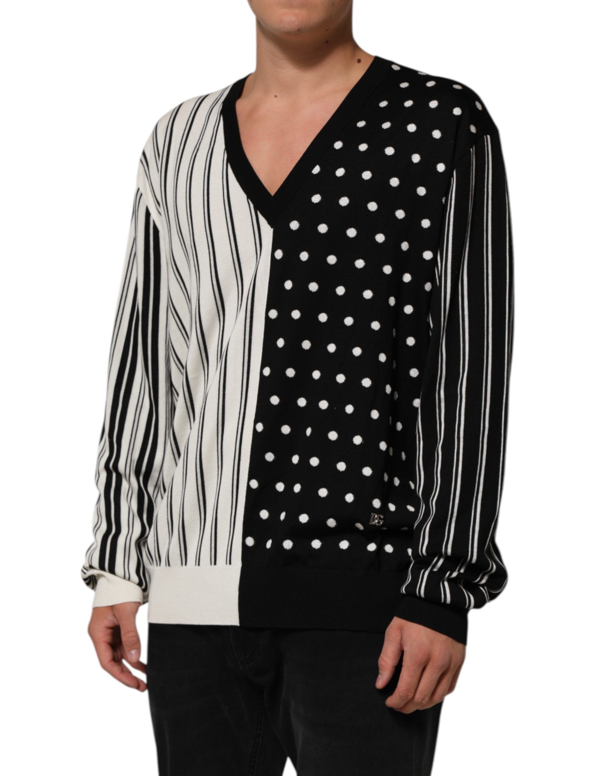 Black White Stripe Polka V-Neck Pullover Men's Sweater (Pre-Owned) - Dolce & Gabbana - Modalova