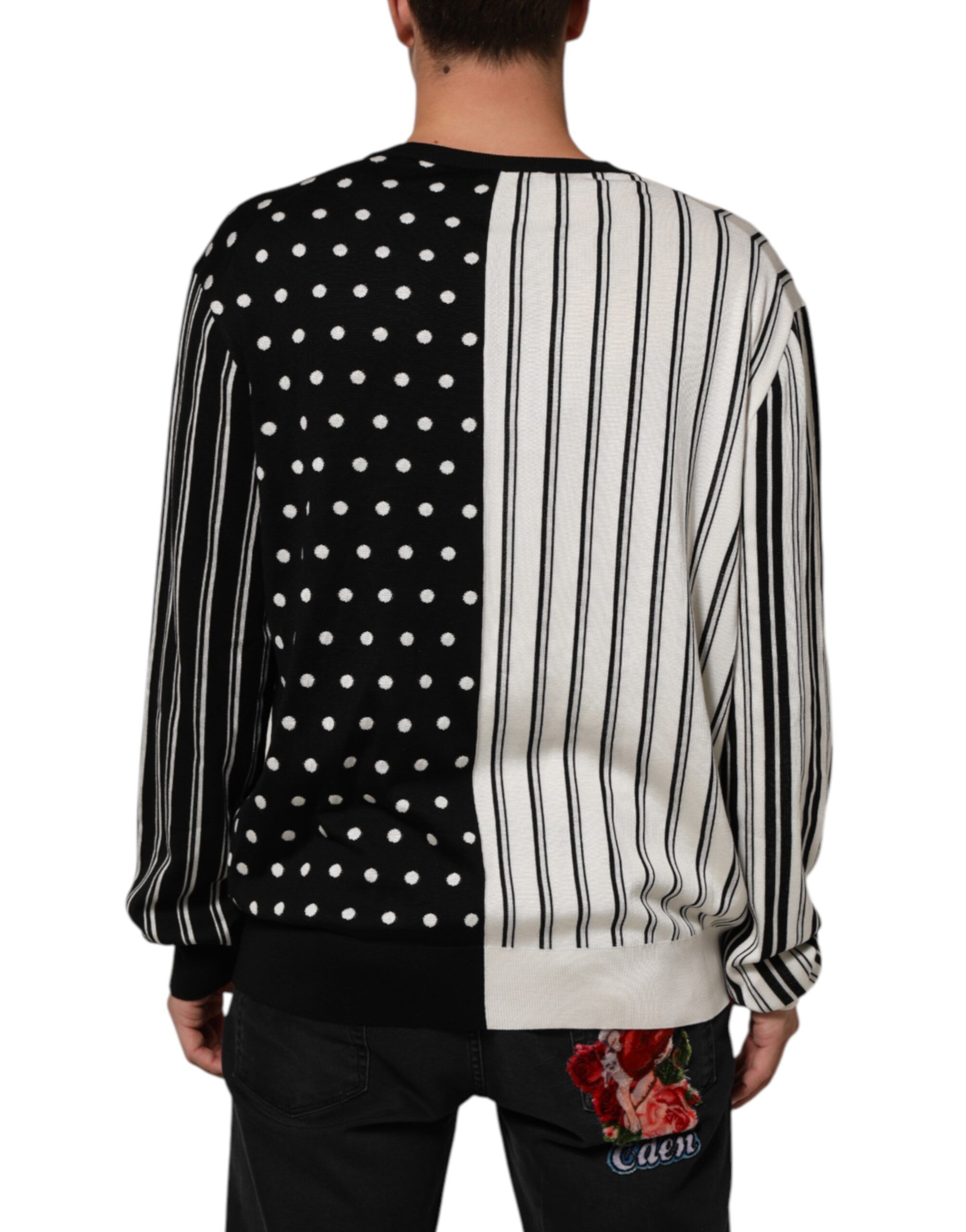 Black White Stripe Polka V-Neck Pullover Men's Sweater (Pre-Owned) - Dolce & Gabbana - Modalova