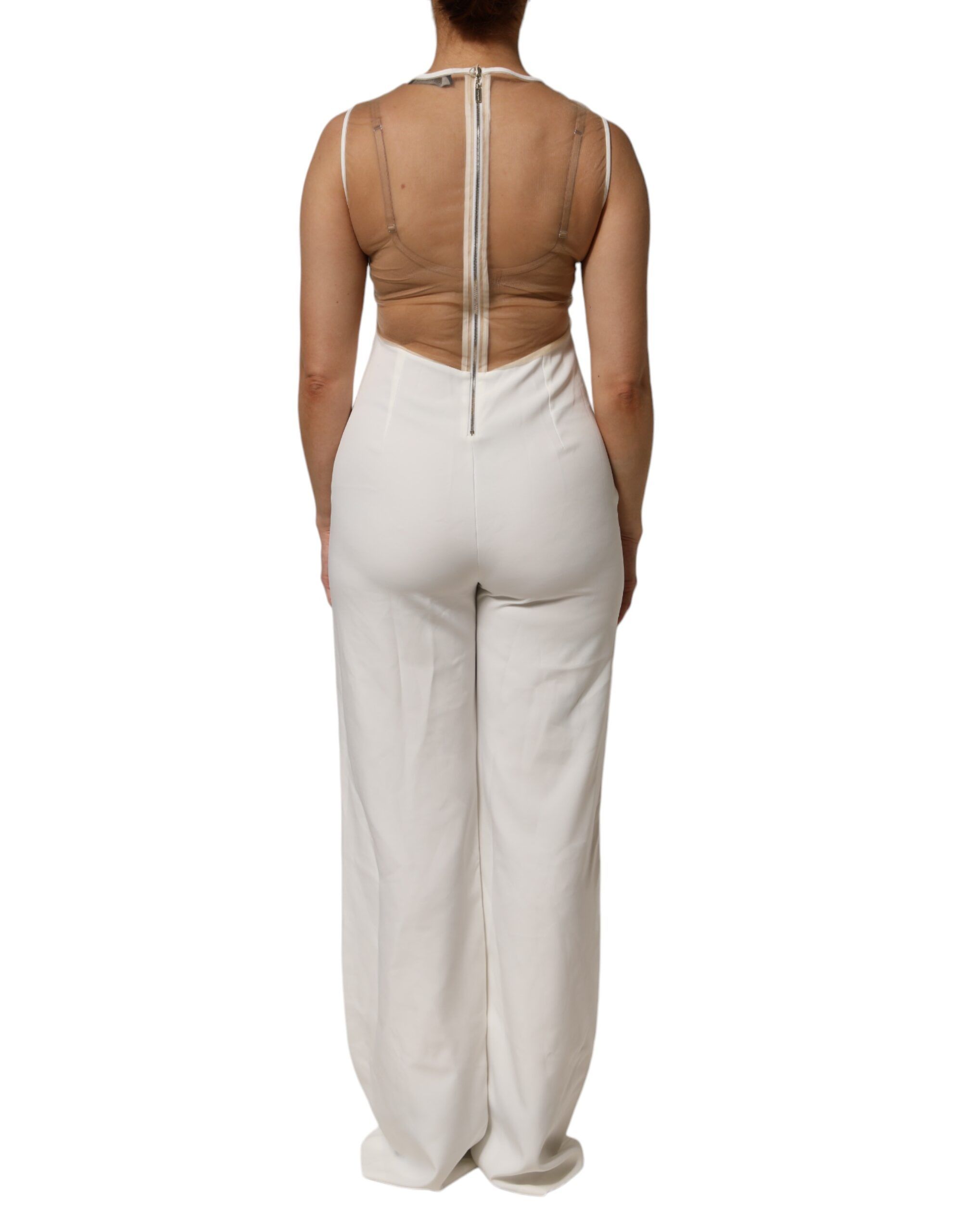 Beige Mesh Crystal Embellished Sleeveless Women's Jumpsuit - Mangano - Modalova