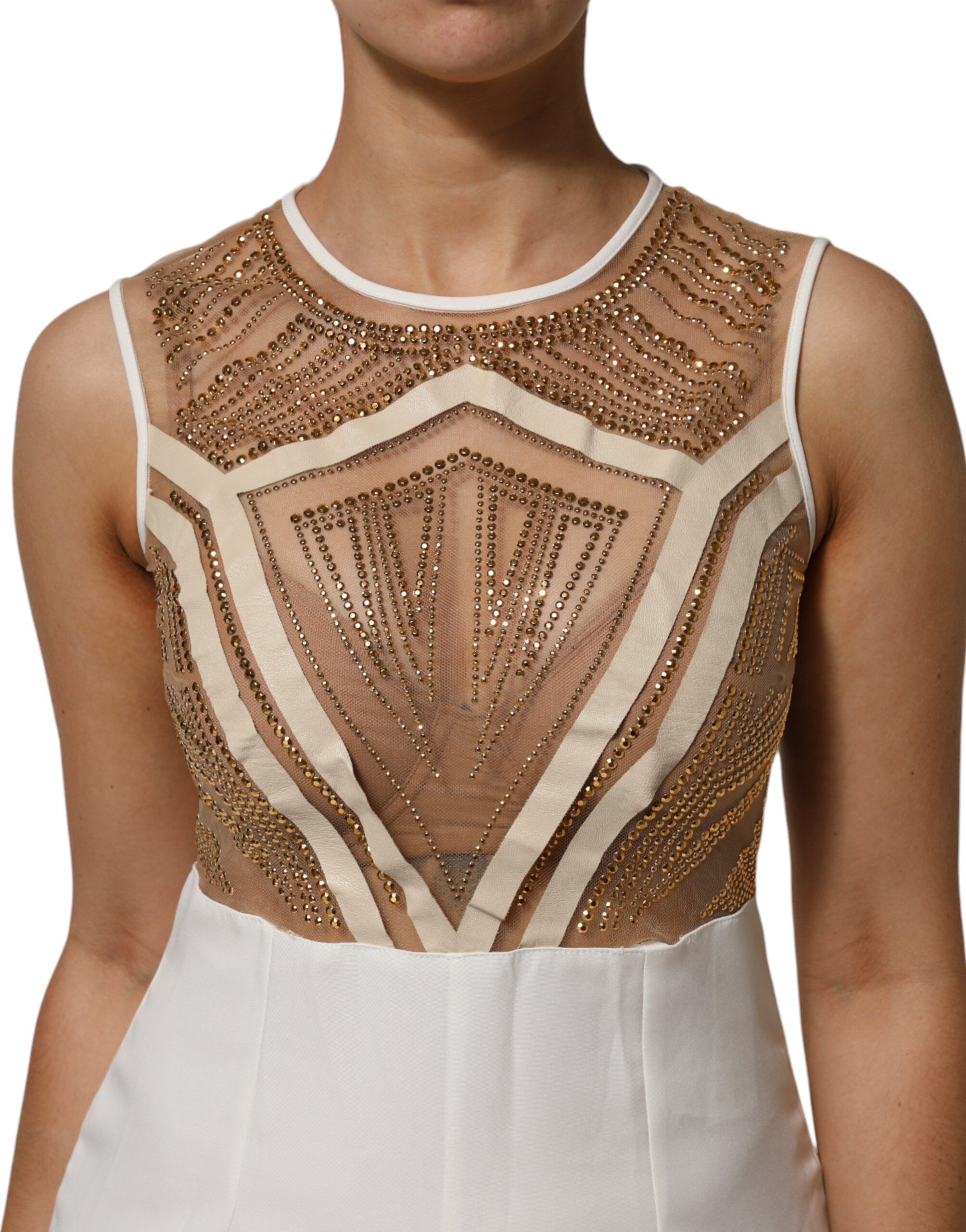 Beige Mesh Crystal Embellished Sleeveless Women's Jumpsuit - Mangano - Modalova