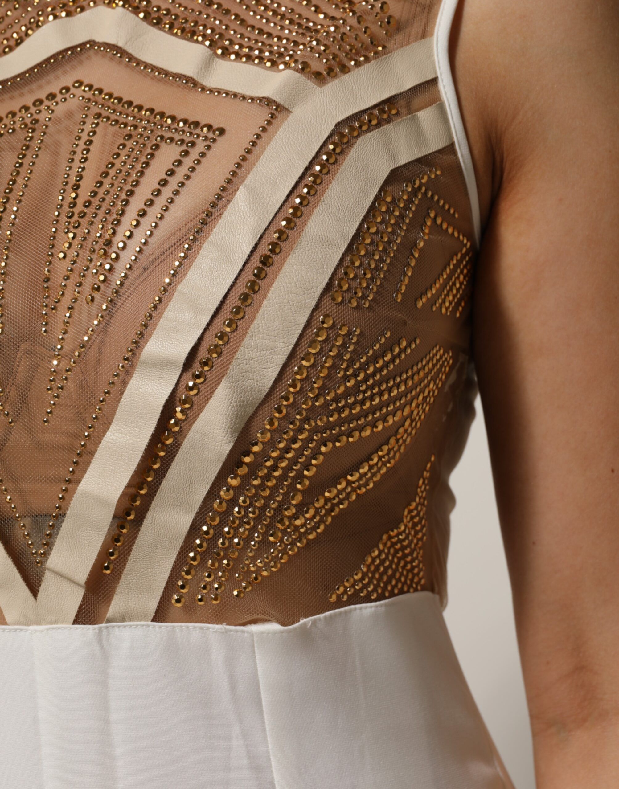 Beige Mesh Crystal Embellished Sleeveless Women's Jumpsuit - Mangano - Modalova