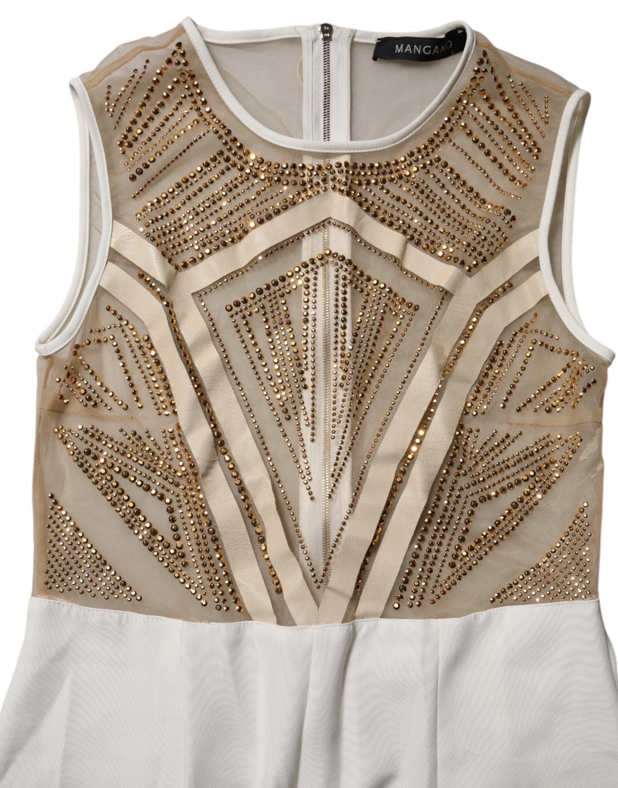 Beige Mesh Crystal Embellished Sleeveless Women's Jumpsuit - Mangano - Modalova